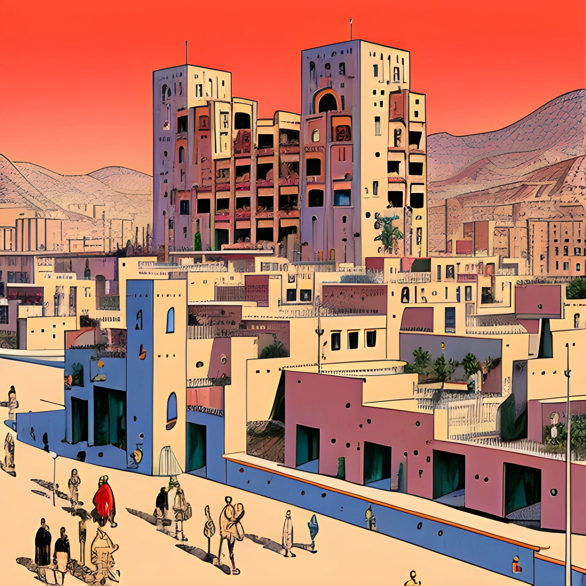 1960's Spanish Moroccan city,  in Spanish mixed with brutalists architecture, drawn in Jean Giraud art style