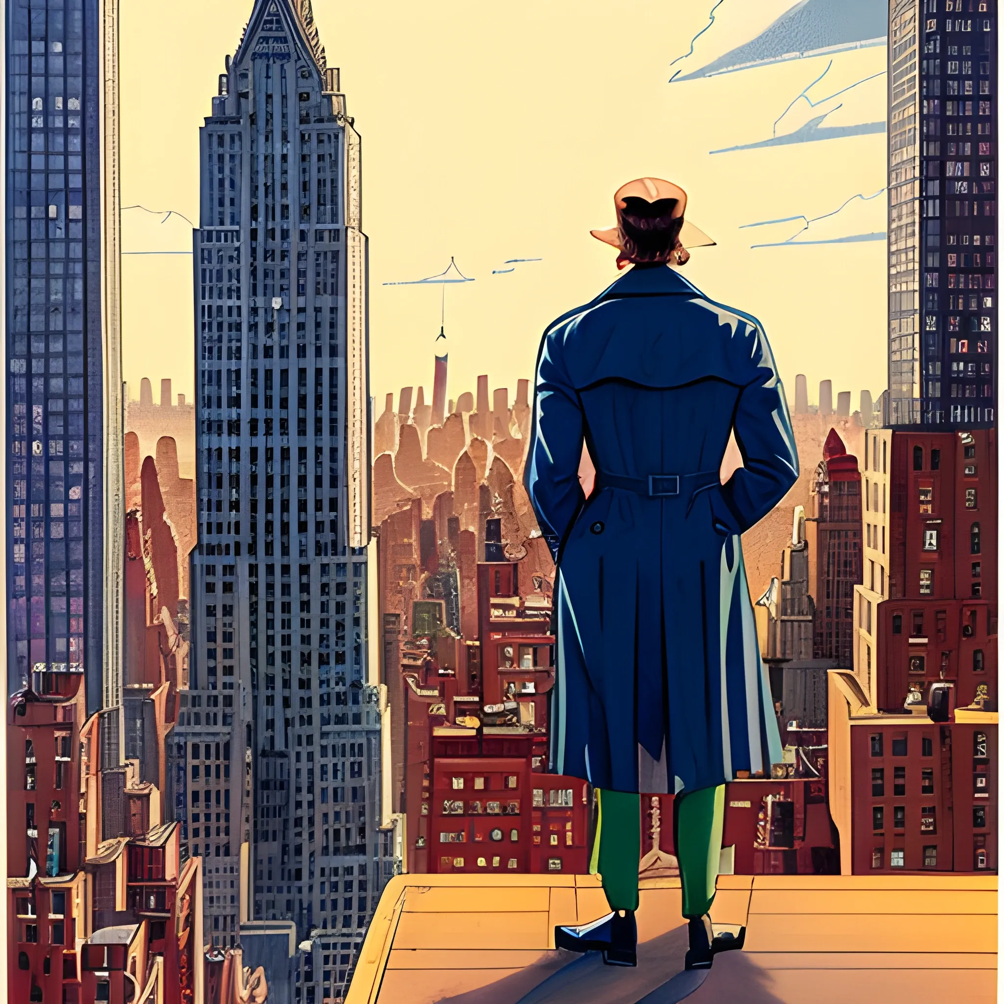 1960's man, wearing a trench coat and boots, back turned, looking over New York City, buildings have British and American architecture, night setting, drawn in Jean Giraud art style