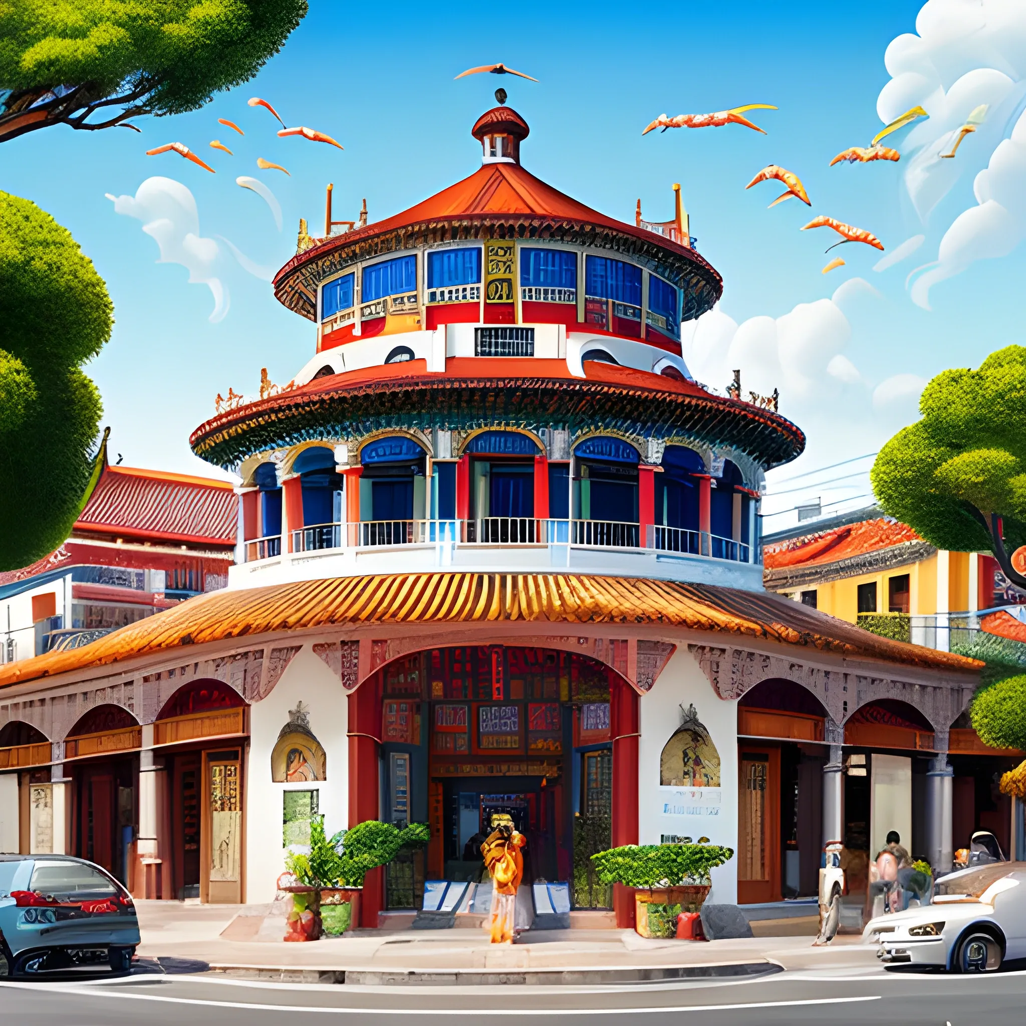 Spanish town in Taiwan, mix of Spanish and Chinese architecture, with a large dome building, with a Chinese design, with Spanish aspects in architecture in the dome, drawn in Jean Giraud art style, street view