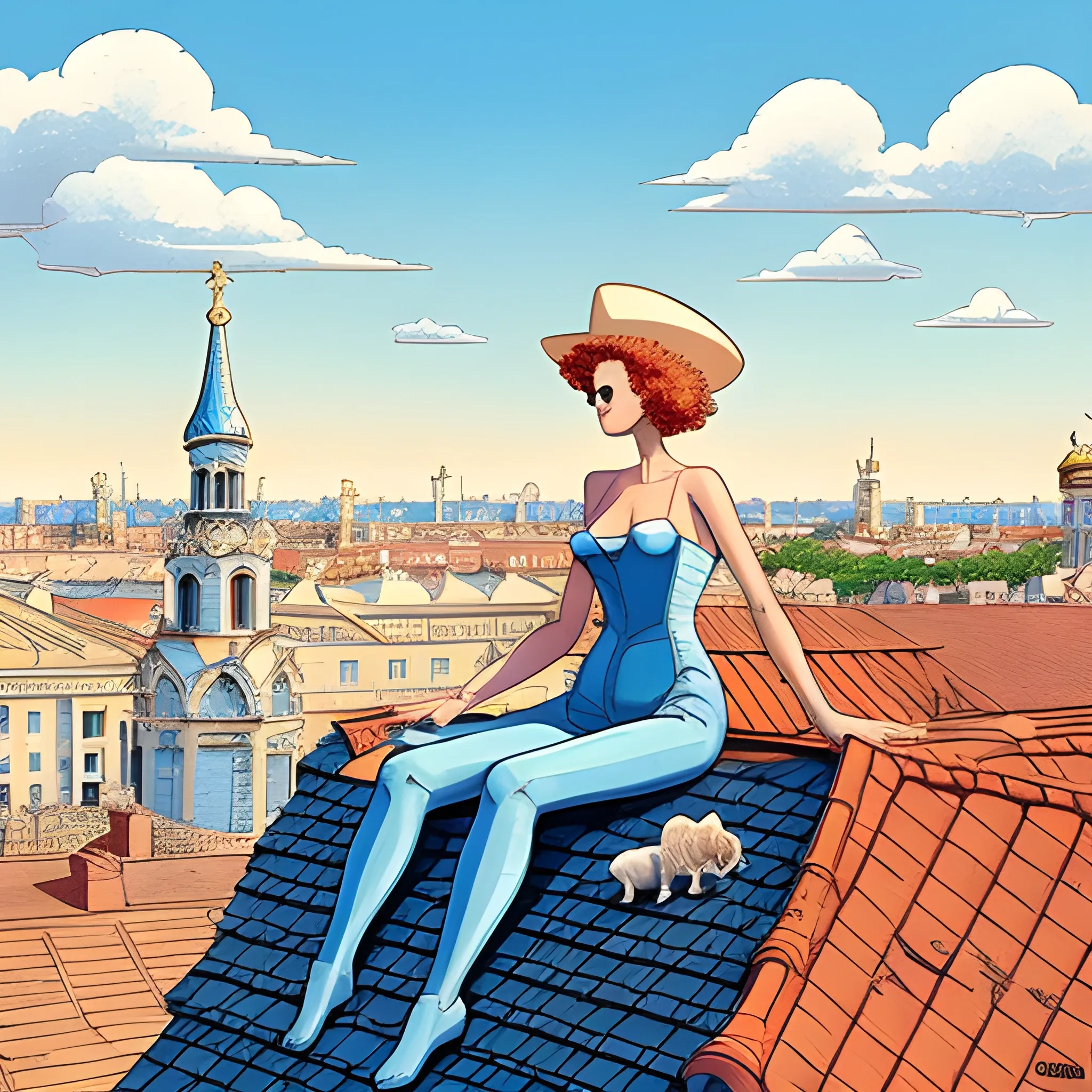 style of jean giraud, atop the roofs of st petersburg, cats on a hot tin roof, hot summer day, romantic, hazy air, blue sky but not too bright