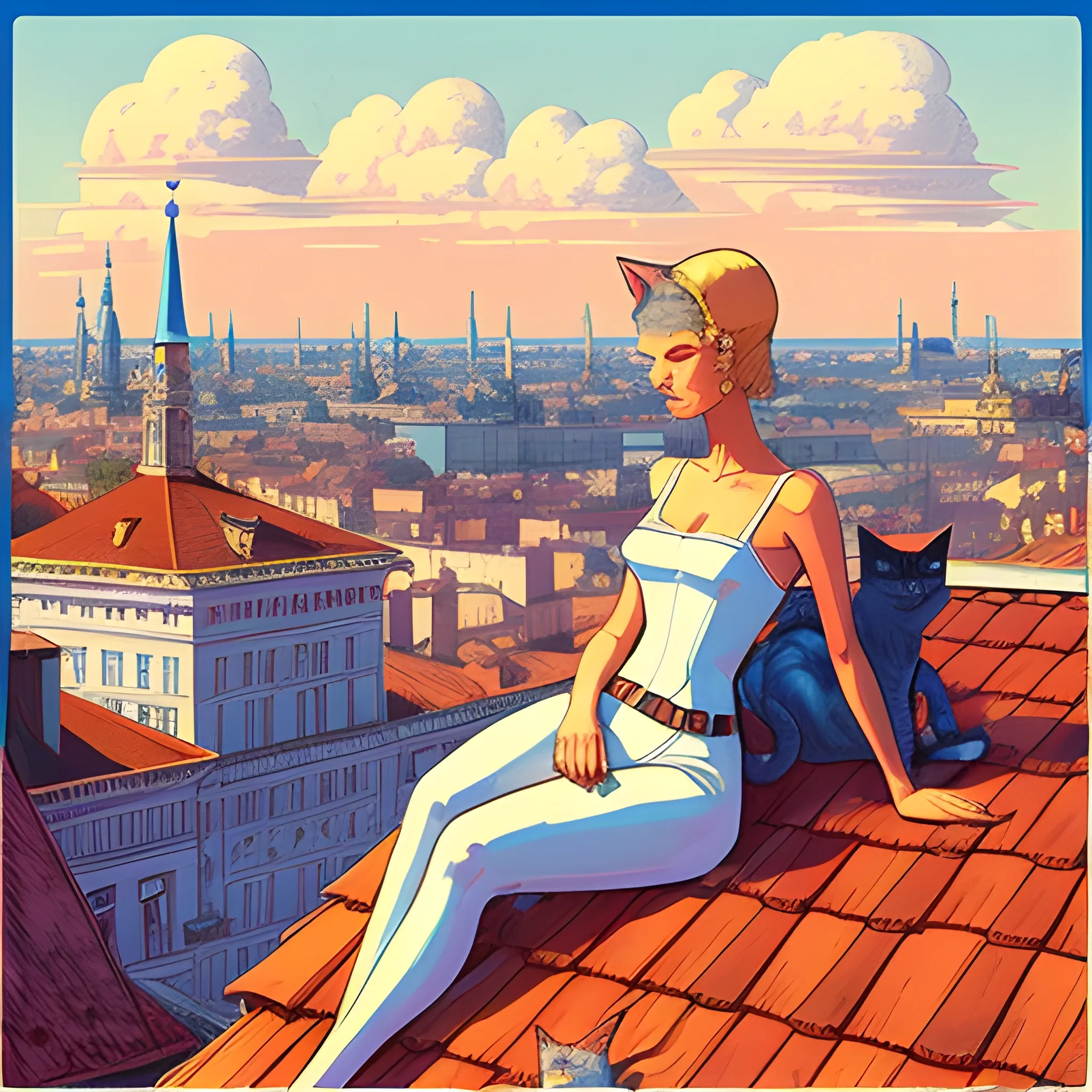 style of jean giraud, atop the roofs of st petersburg, cats on a hot tin roof, hot summer day, romantic, hazy air, blue sky but not too bright