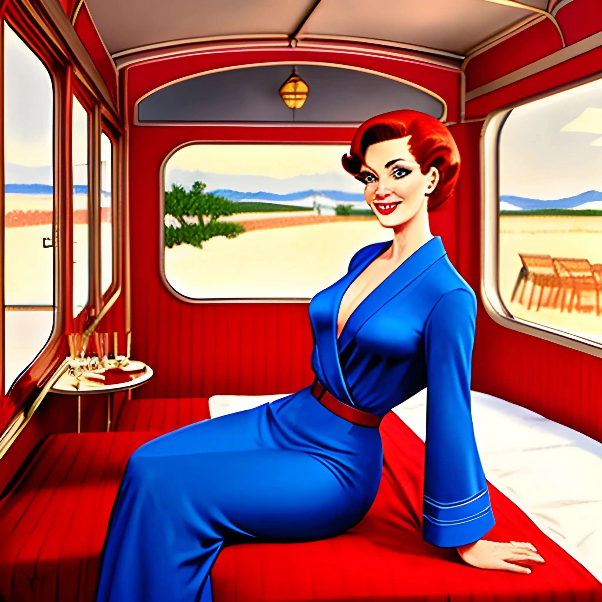 fancy 1960's train cart, room, with , attractive, young, short haired, red haired, woman wearing a robe, looking forward, with champagne and food, laying on a bed, drawn in Jean Giraud art style, full room shot