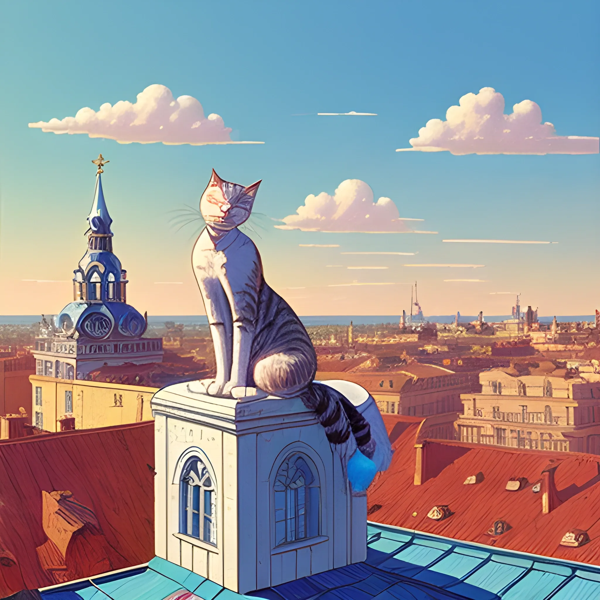 style of jean giraud, atop the roofs of st petersburg, cats on a hot tin roof, hot summer day, romantic, hazy air, blue sky but not too bright