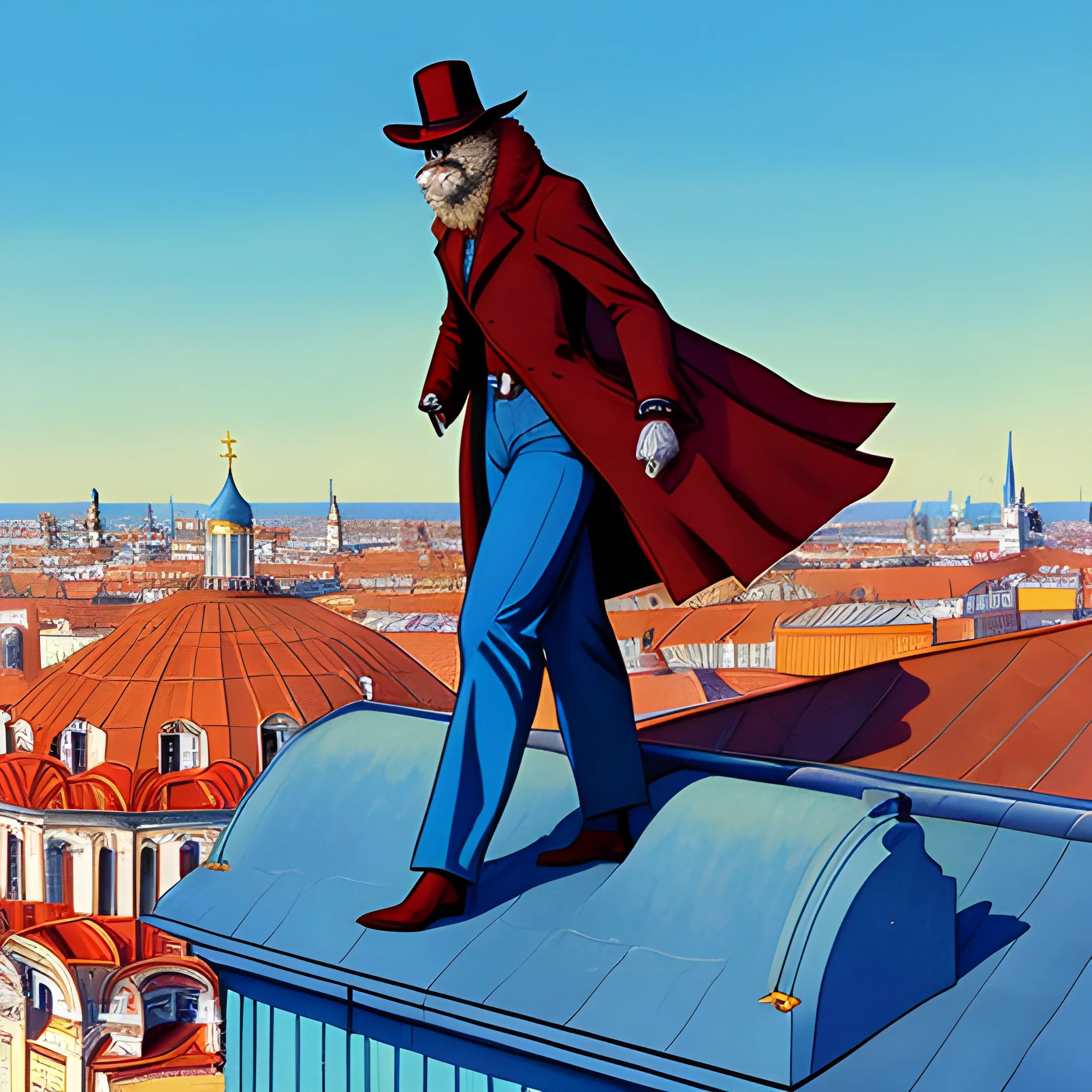 style of jean giraud, atop the roofs of st petersburg, cats on a hot tin roof, hot summer day, romantic, hazy air, blue sky but not too bright, childrens book, children, child like