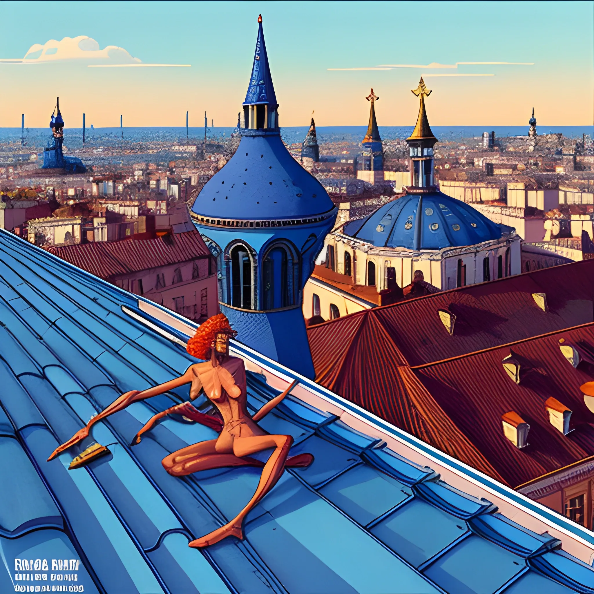 style of jean giraud, atop the roofs of st petersburg, cats on a hot tin roof, hot summer day, romantic, hazy air, blue sky but not too bright, childhood