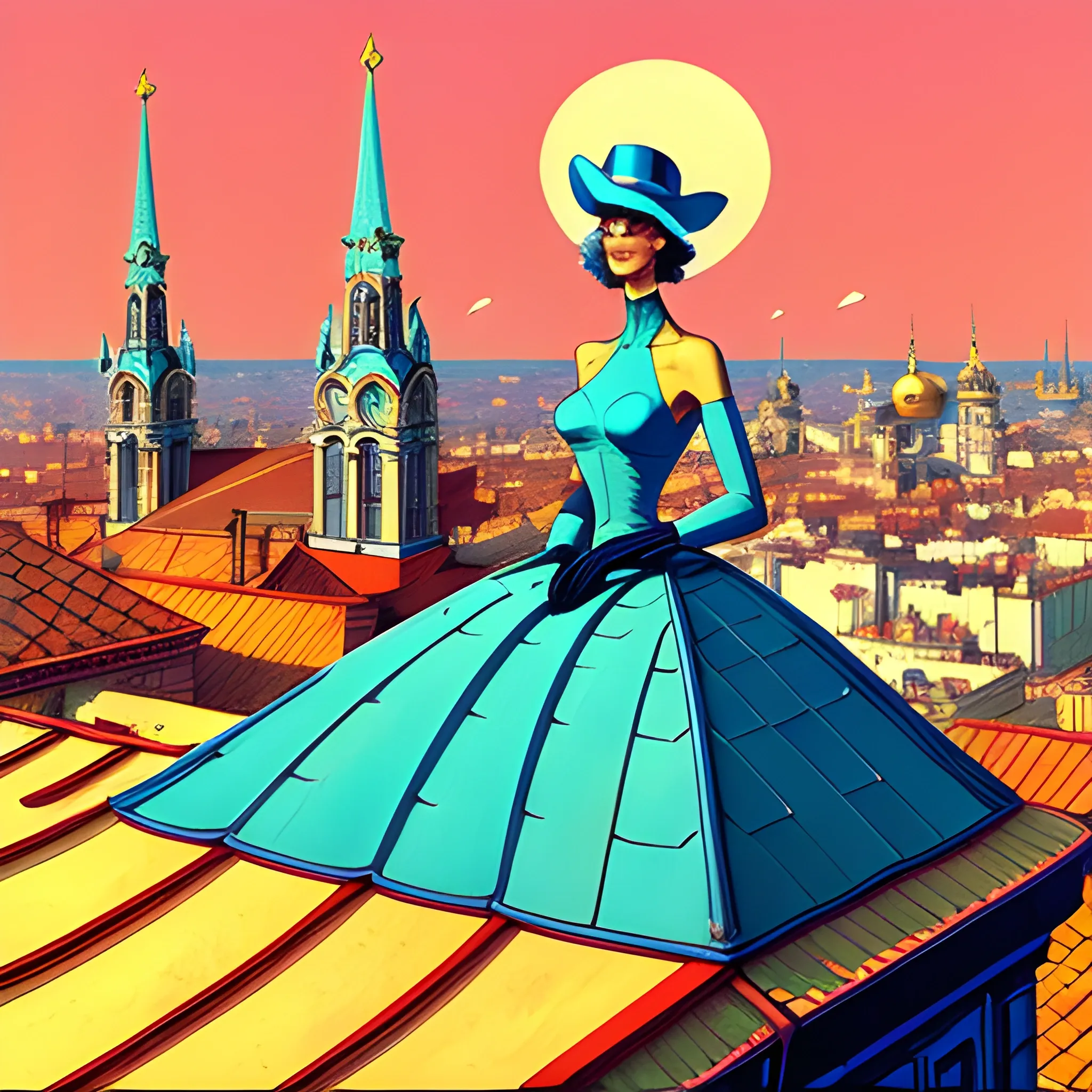 style of jean giraud, atop the roofs of st petersburg, cats on a hot tin roof, hot summer day, romantic, hazy air, blue sky but not too bright, childhood