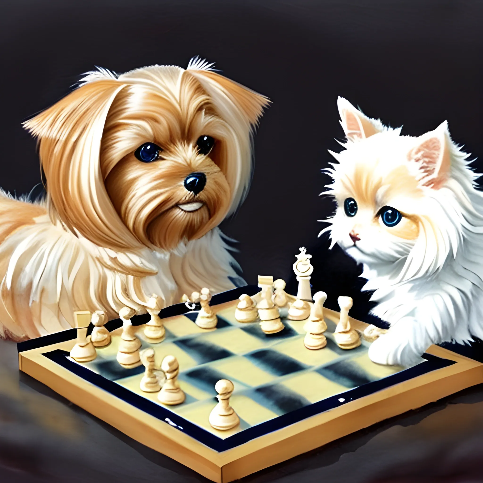 A cute ragdoll cat playing chess with a cute yorkshire terrier on a soft background, Water Color