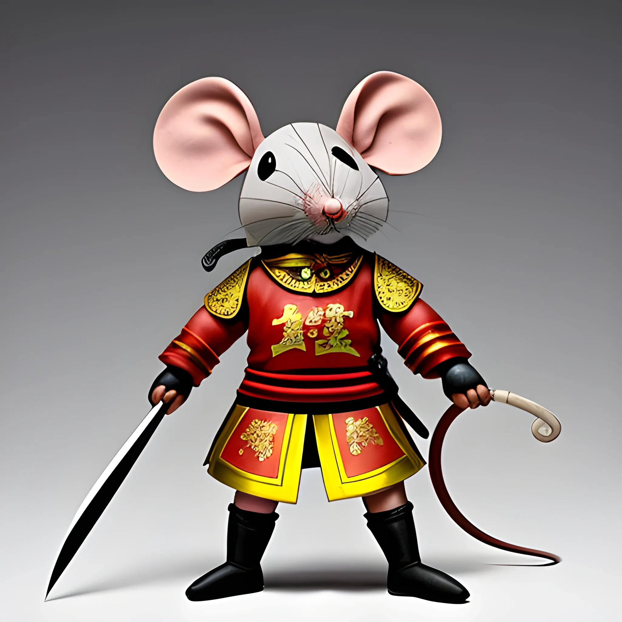 General Mouse is wearing Chinese armor. Holding a long knife, Trippy