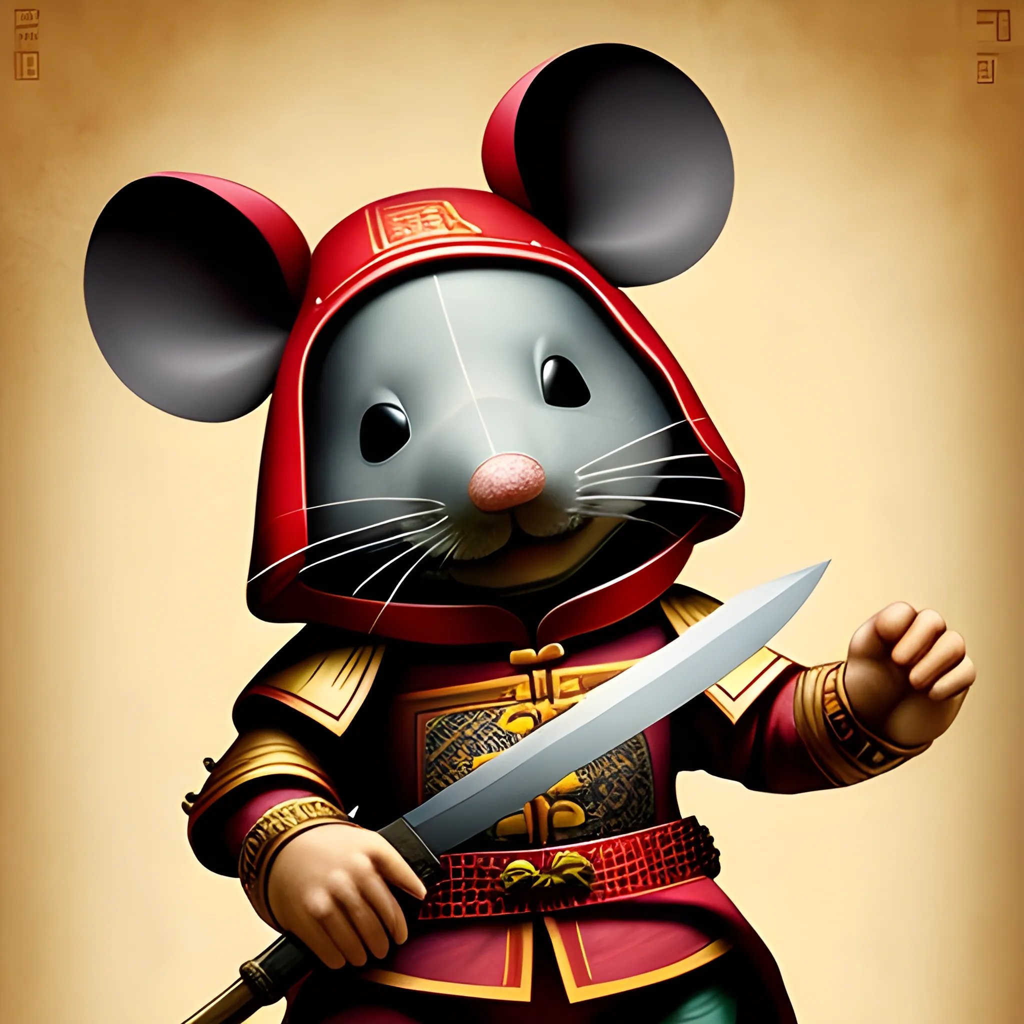 General Mouse is wearing Chinese armor. Holding a long knife, Trippy