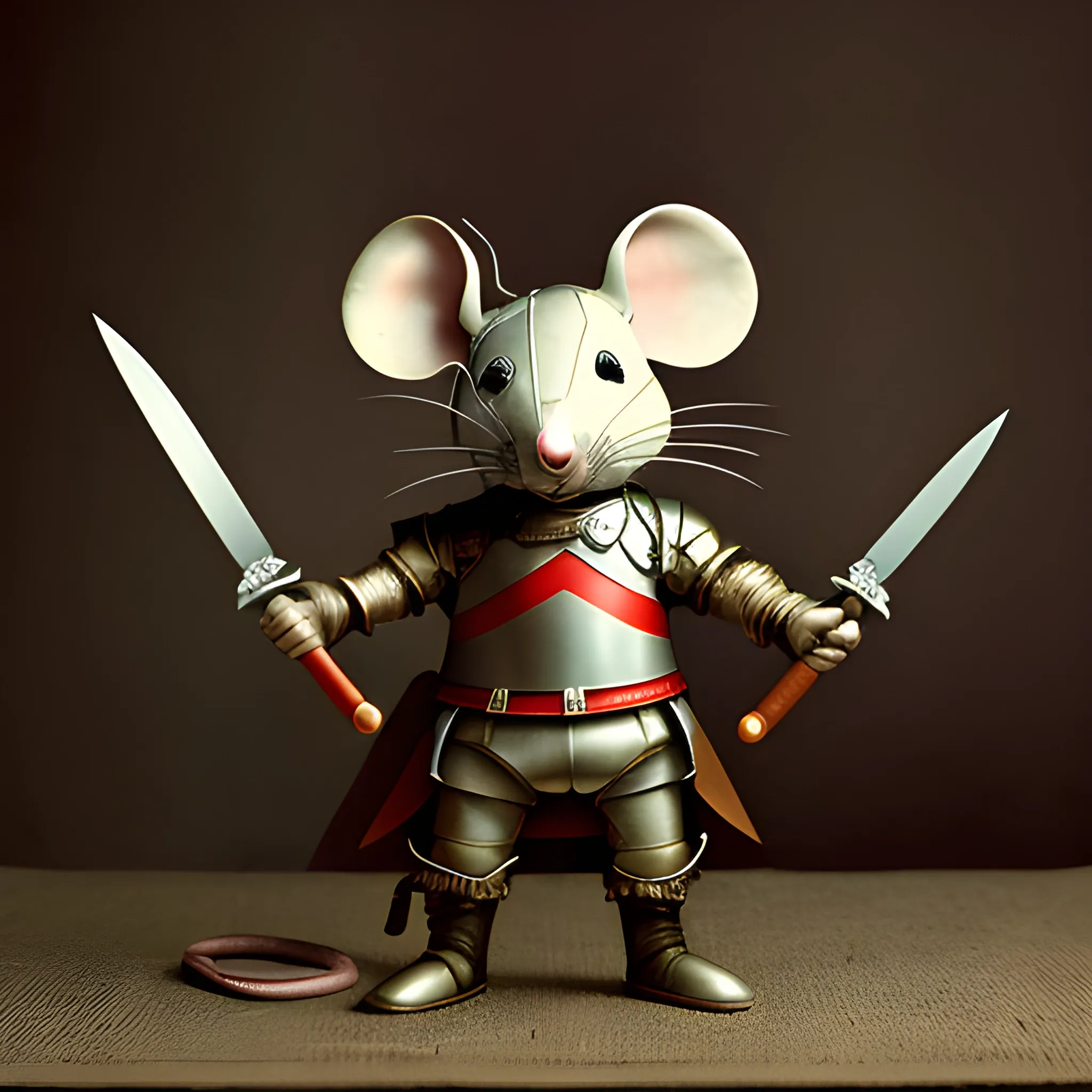 General Mouse is wearing  armor. Holding a long knife, Trippy