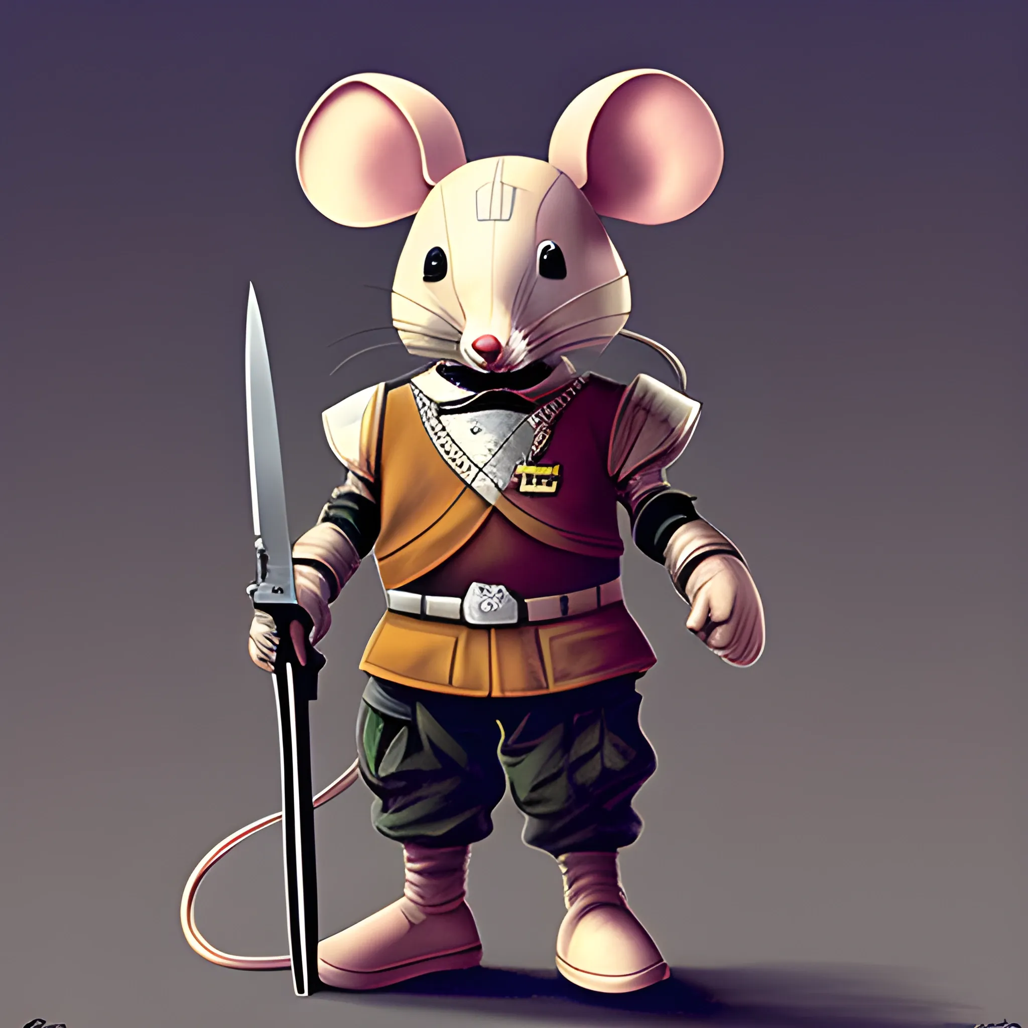 General Mouse is wearing a technology powered armor. Holding a long knife, Trippy