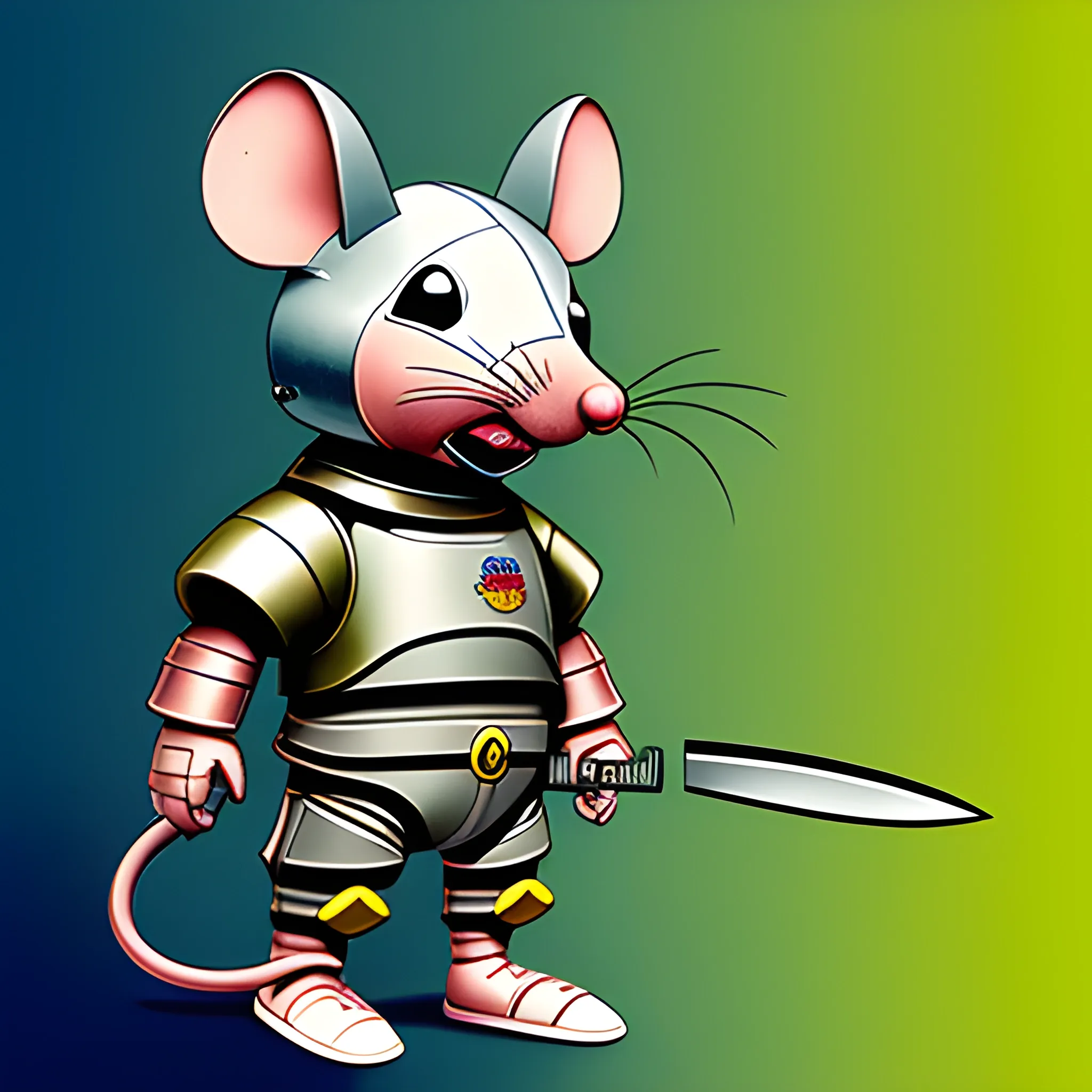 General Mouse is wearing a technology powered armor. Holding a long knife, Trippy