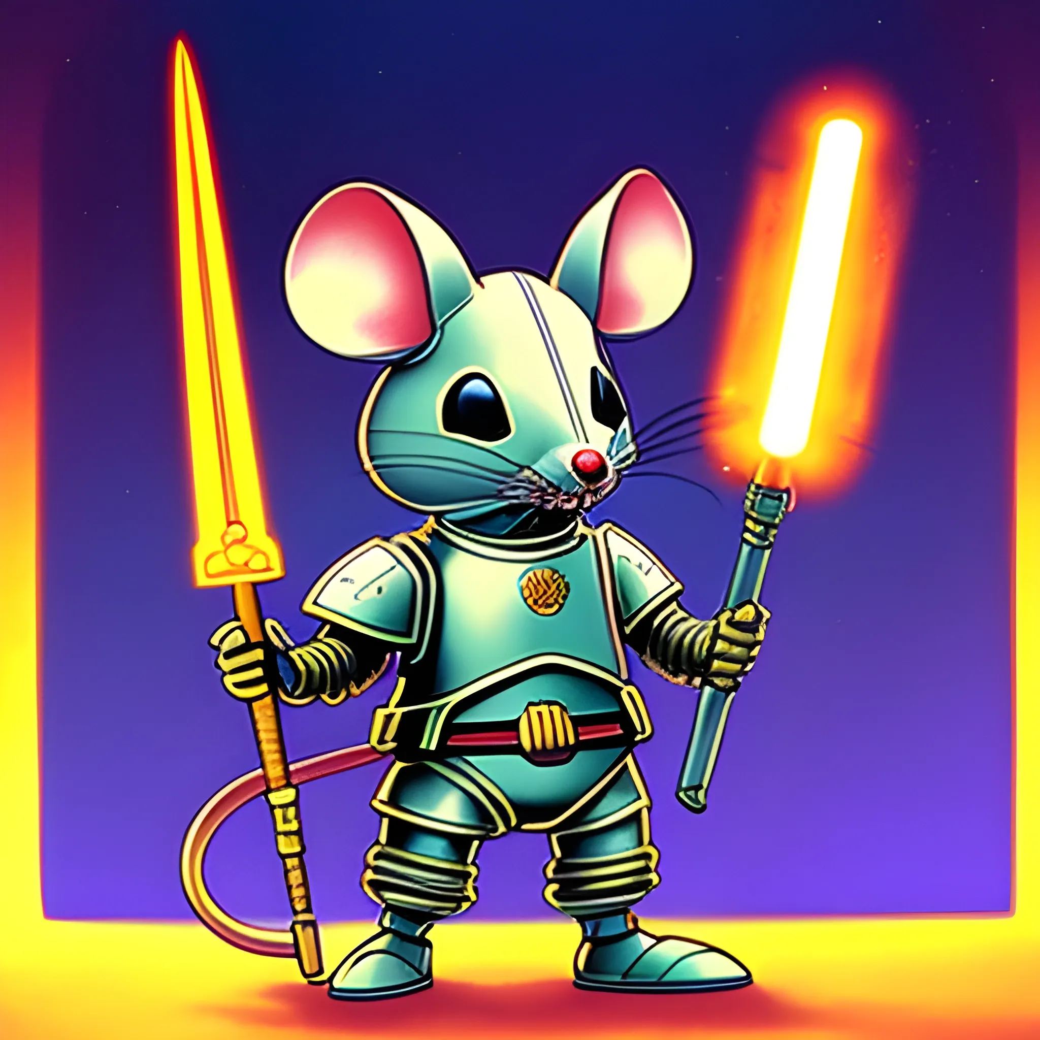 General Mouse is wearing a technology powered armor. Holding a sward, Trippy