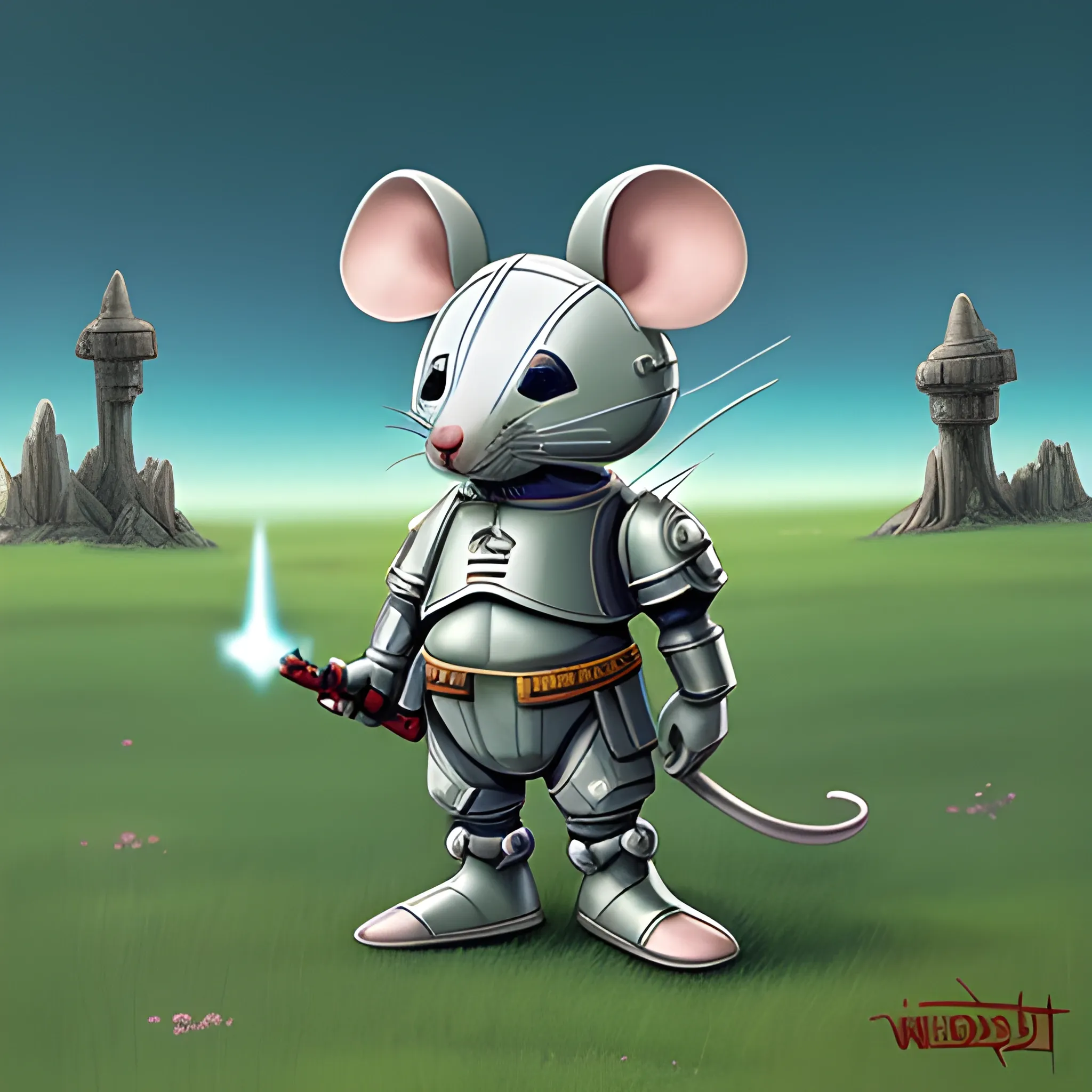 General Mouse is wearing a technology powered armor. Holding a sward, Trippy