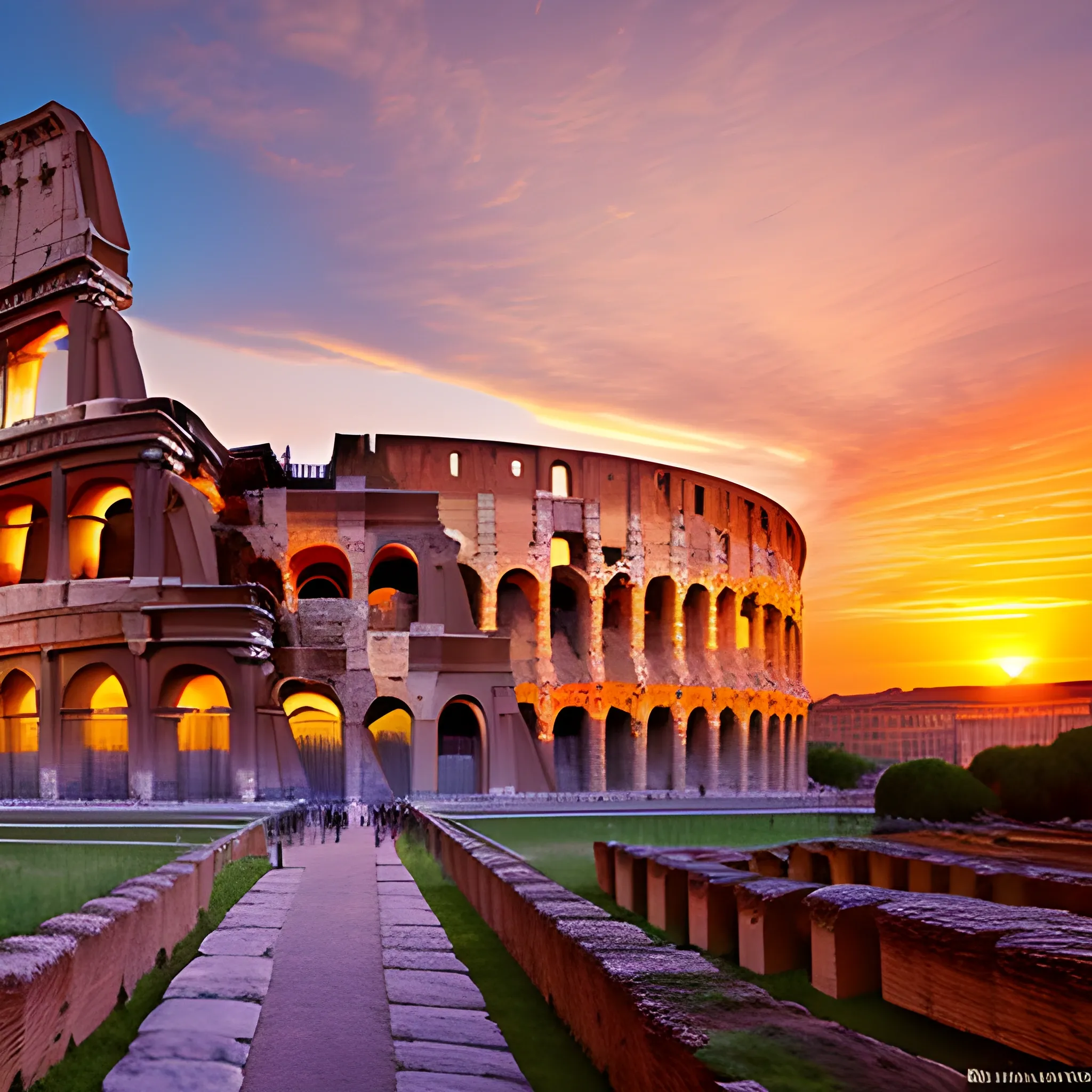 "The Colosseum at sunset, positioned centrally in the image, even if the image is in a panoramic format."