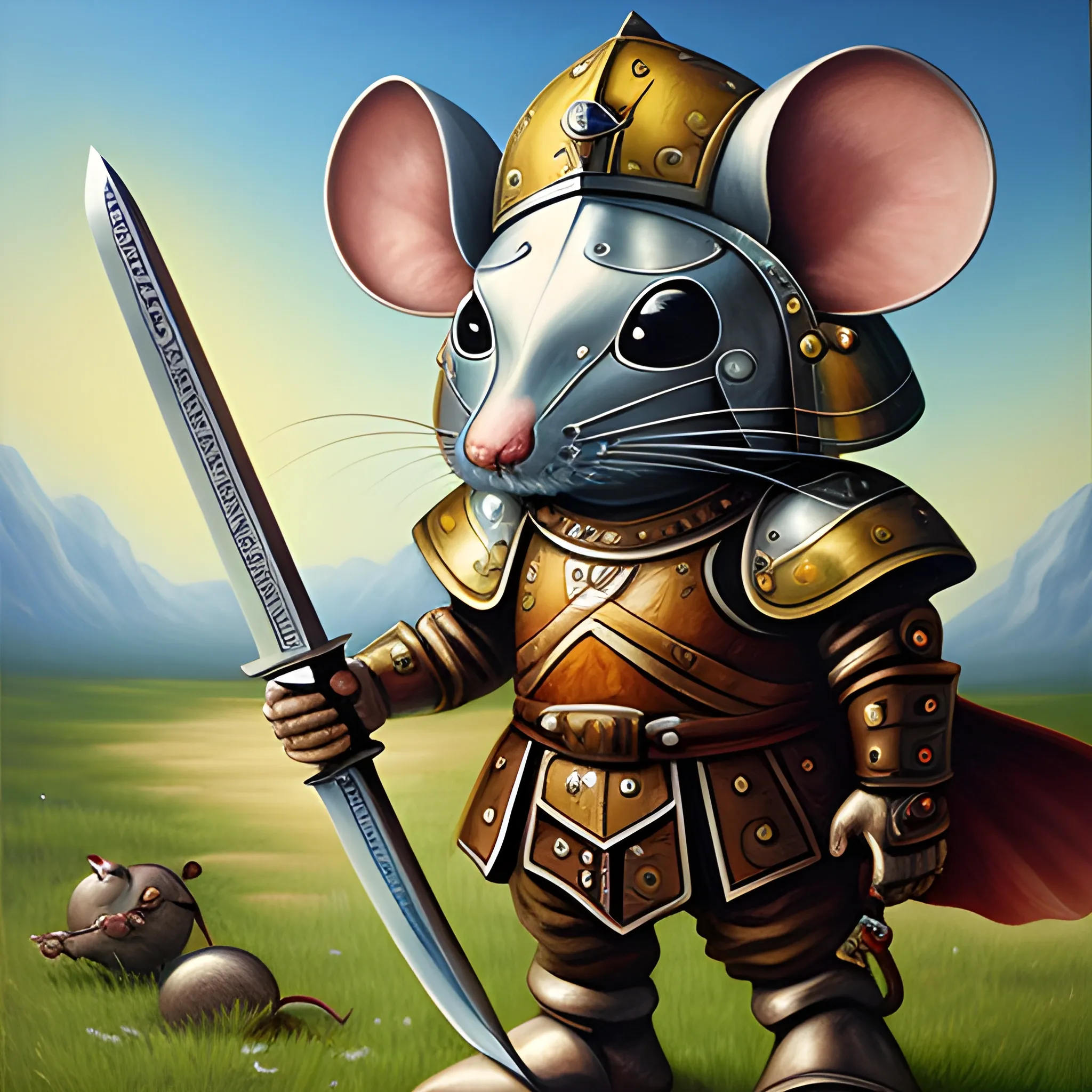 General Mouse is wearing armor. Holding a sword in hand, Oil Painting, Trippy