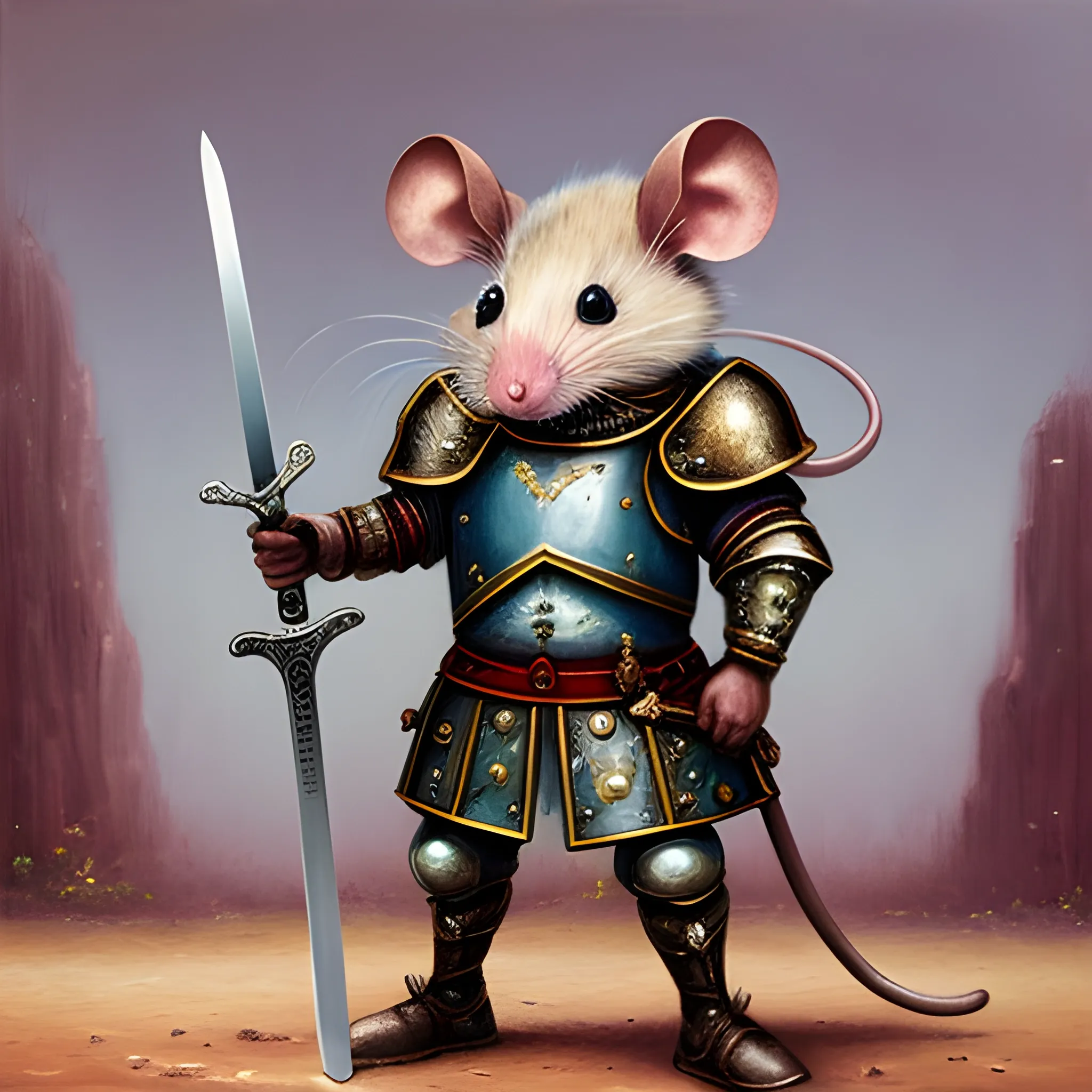 General Mouse is wearing armor. Holding a sword in hand, Oil Painting, Trippy