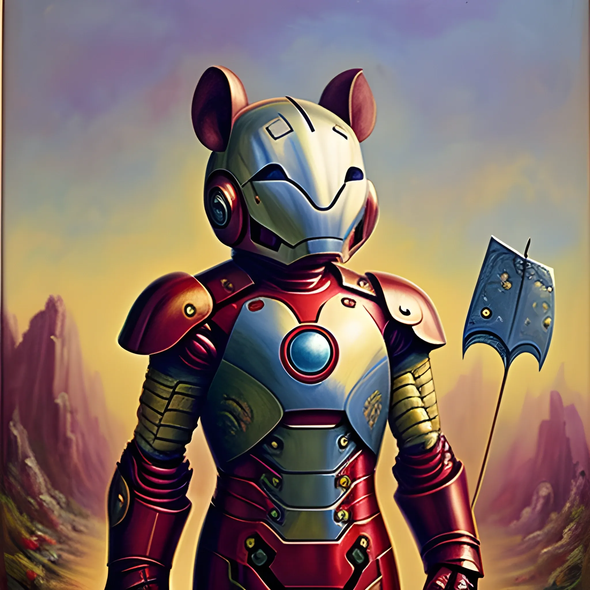 General Mouse is wearing armor. Holding a sword in hand, Oil Painting, Trippy，Just like Iron Man