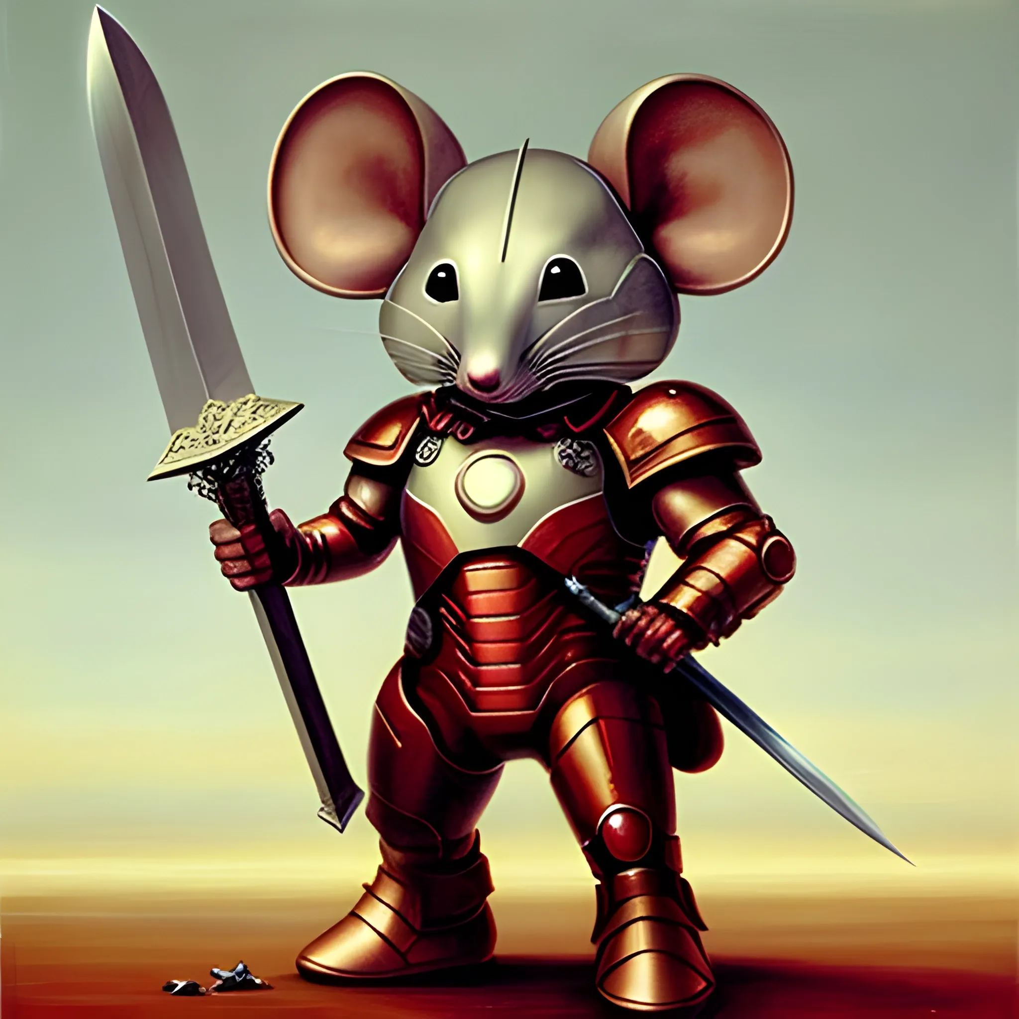 General Mouse is wearing armor. Holding a sword in hand, Oil Painting, Trippy，Just like Iron Man