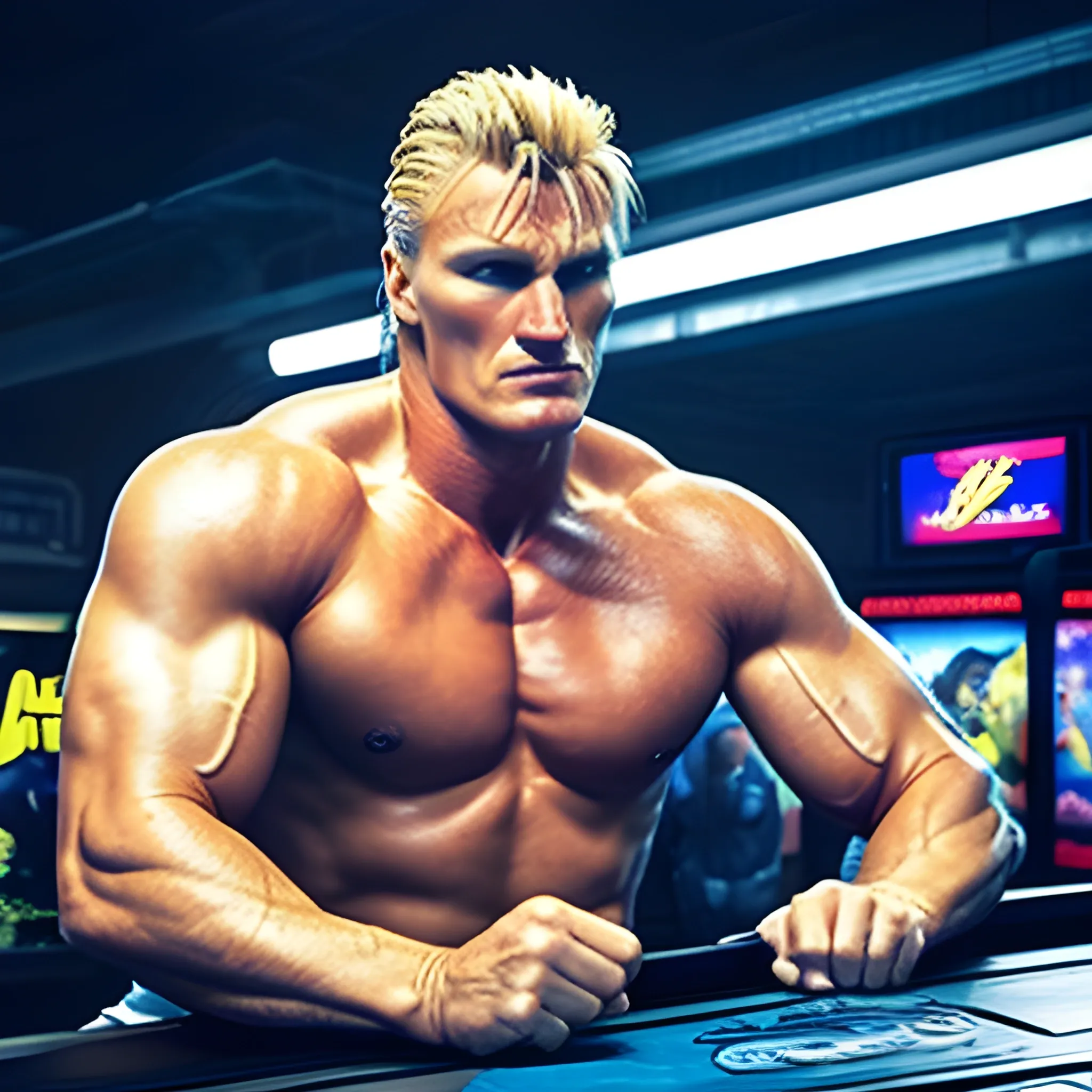 Dolph Lundgren como guile, , en sala de arcades, imagen completa ,pose de pelea
HD