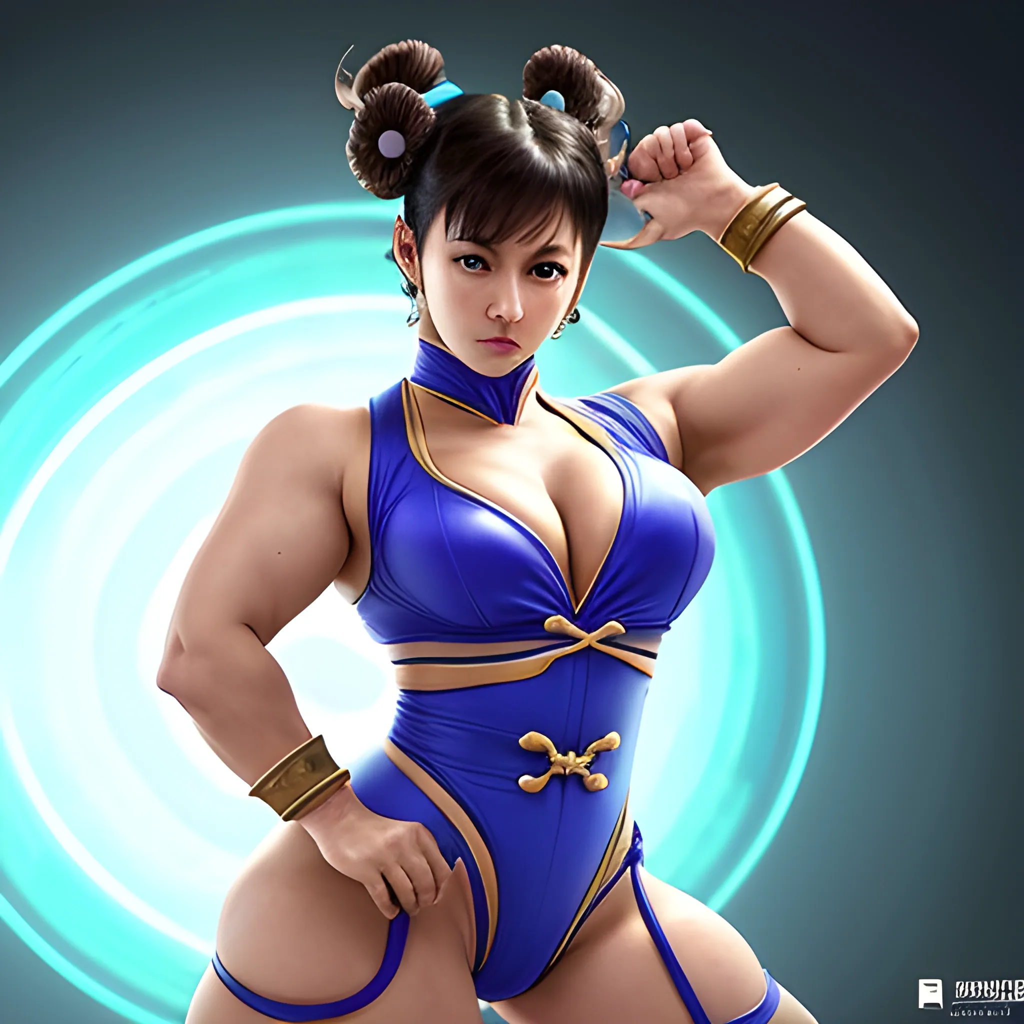 chun li que es hiper hermosa, hiper dinámica, hiper reloj de arena, figura, cintura hiper delgada, pechos grandes, hiper tetona, hiper voluptuosa, botín hiper grande, muslos enormes mirando hacia la izquierda del espectador, pero girando para mirar e inclinándose dinámicamente, 