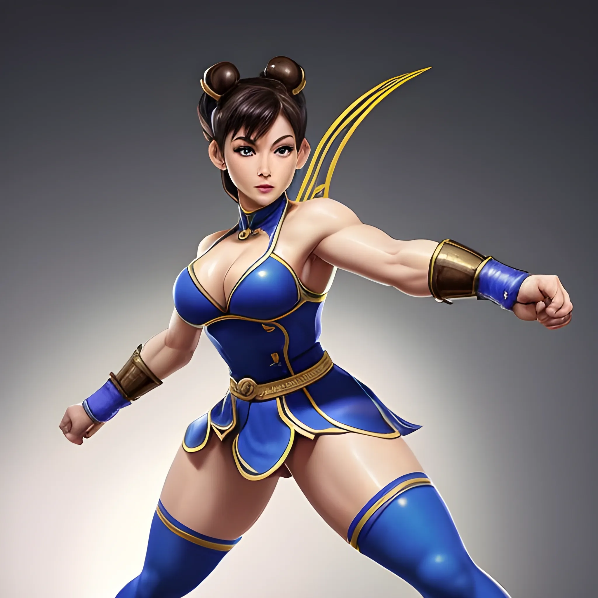 chun li que es hiper hermosa, hiper dinámica, hiper reloj de arena, figura, cintura hiper delgada, pechos grandes, hiper tetona, botín hiper grande, muslos enormes mirando hacia la izquierda del espectador, pero girando para mirar e inclinándose dinámicamente, 