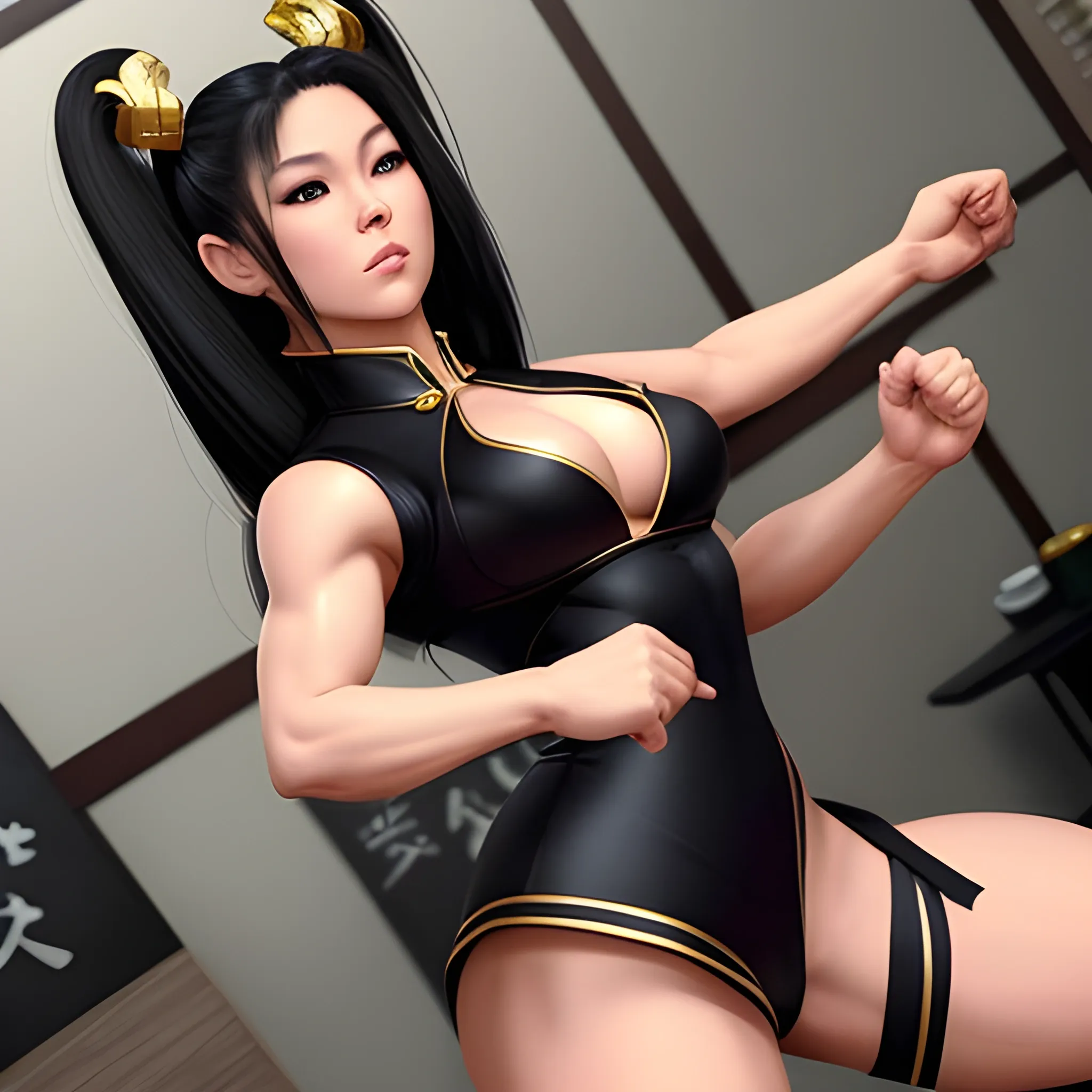 Hermosa chun li, imagen de ultra alta definición, cabello negro,  china con un cuerpo delgado y curvilíneo, {foto de cuerpo completo: desde detrás: mirando por encima del hombro}, 