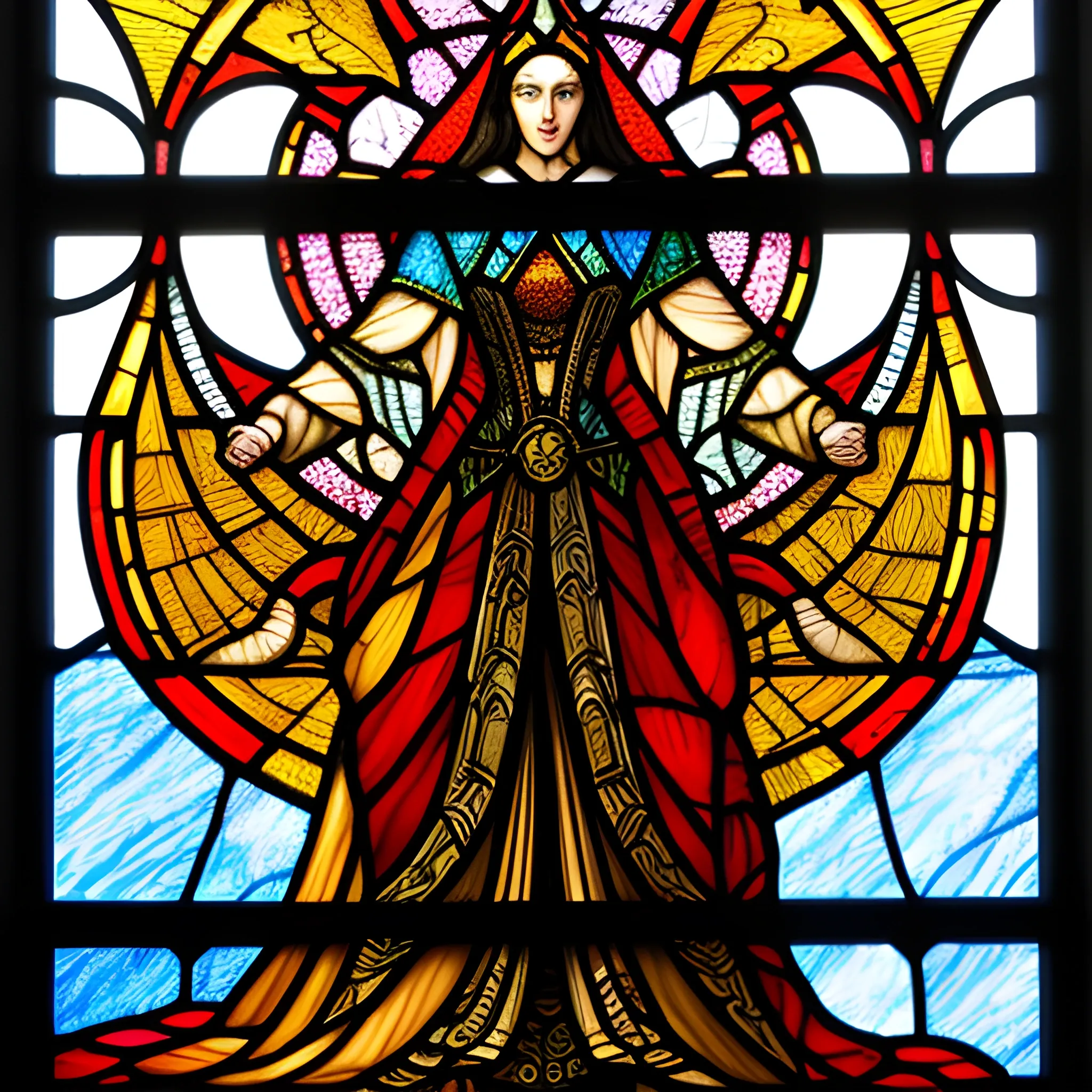 The image showcases a traditional stained glass window depicting an epic battle between an angel and a demon.  The image is representing the phrase "Let's walk together towards the new life", there must be a small family of 1 father, a mother and a daughter.

 The stained glass window is intricately detailed, with a rich palette of colors.  The upper portion of the window displays symmetrical designs with a variety of vibrant colors that resemble flames, suggesting the intensity of the heavenly battle., Pencil Sketch,