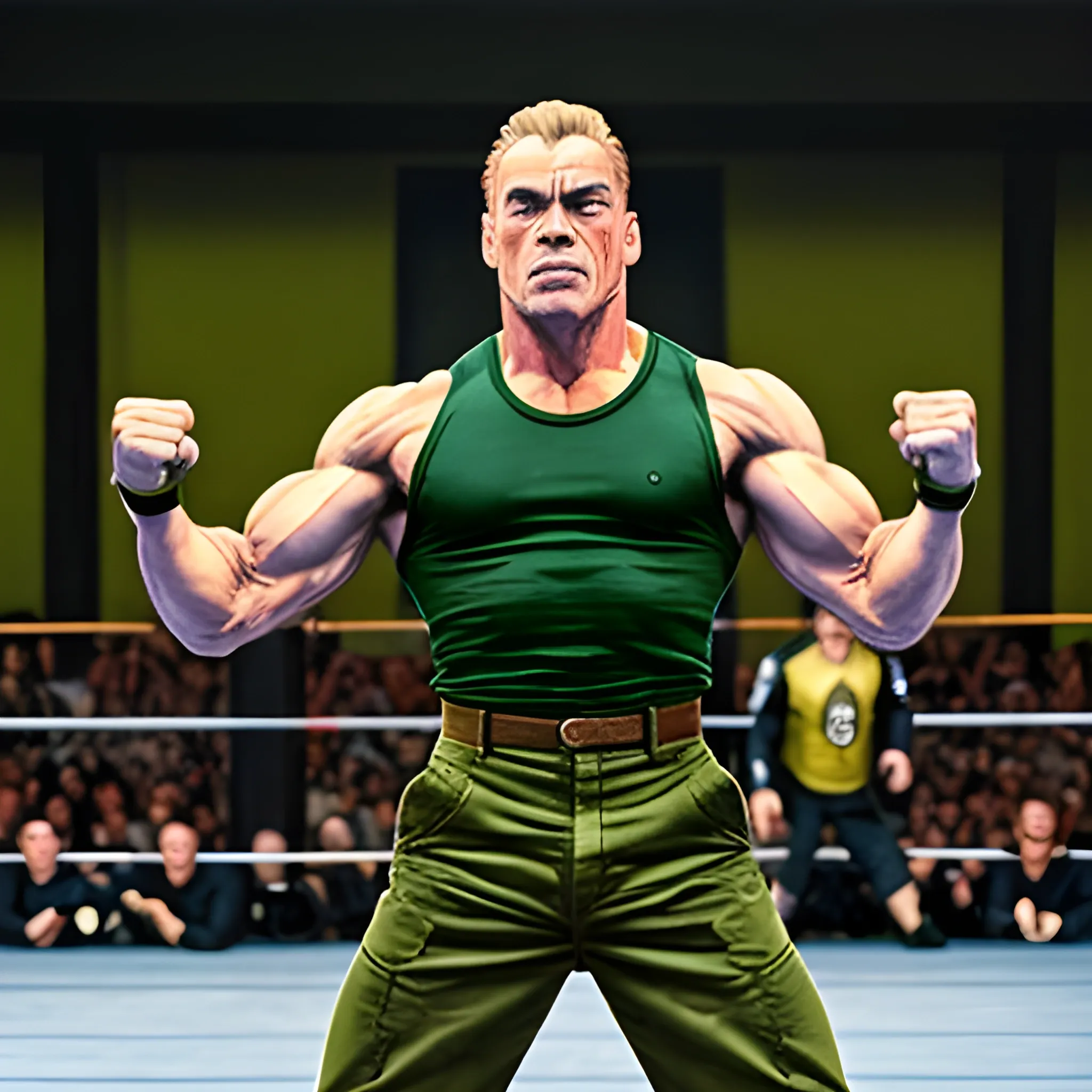 Jean-Claude Van Damme como Guile, en pose de pelea,gritando soy el mejor luchador del mundo. tamaño completo,pantalon verde camuflado