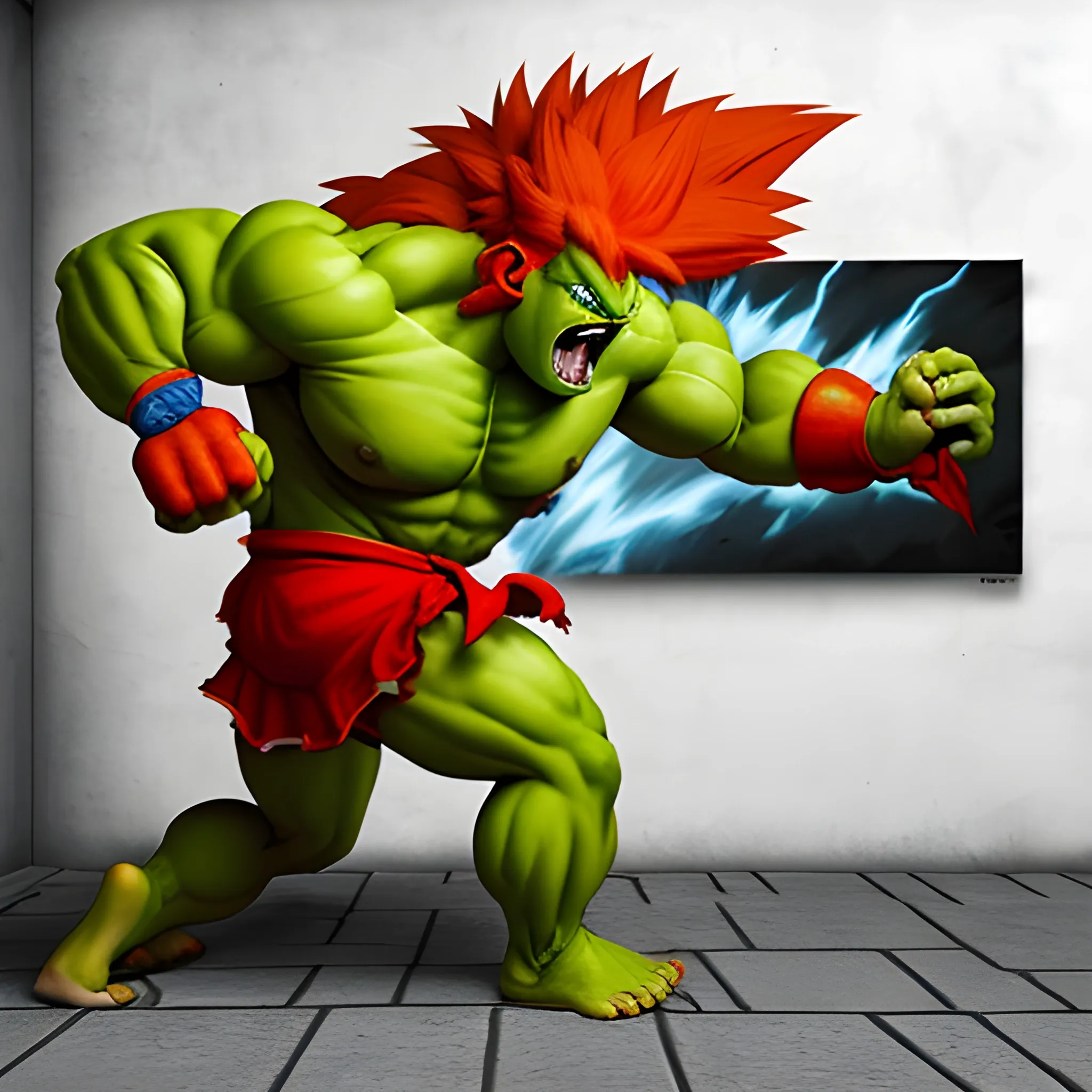 Blanka personaje de Street fighter saltando, tirando una patada directo una pared. con mucha furia.100%100 real.hd