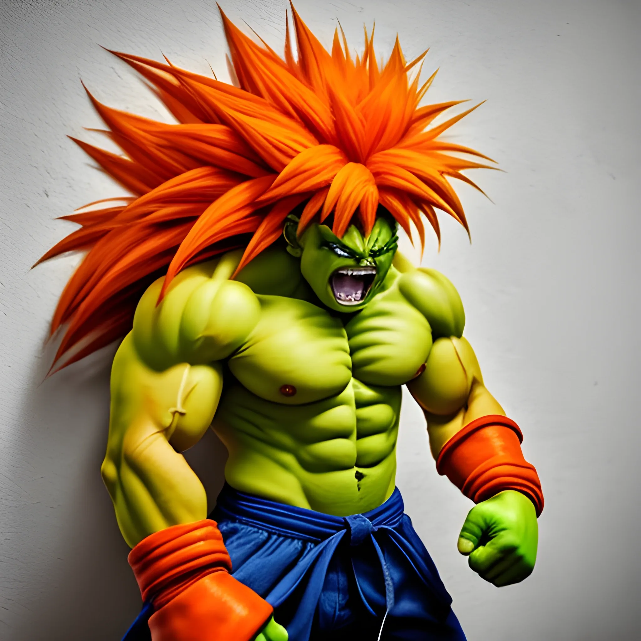 Blanka personaje de Street fighter saltando, tirando una patada directo una pared. con mucha furia.100%100 real.hd mas humanisado y delagdo de 190cm, flaco y alto.con short de color amarillo.y pelo de color naranja