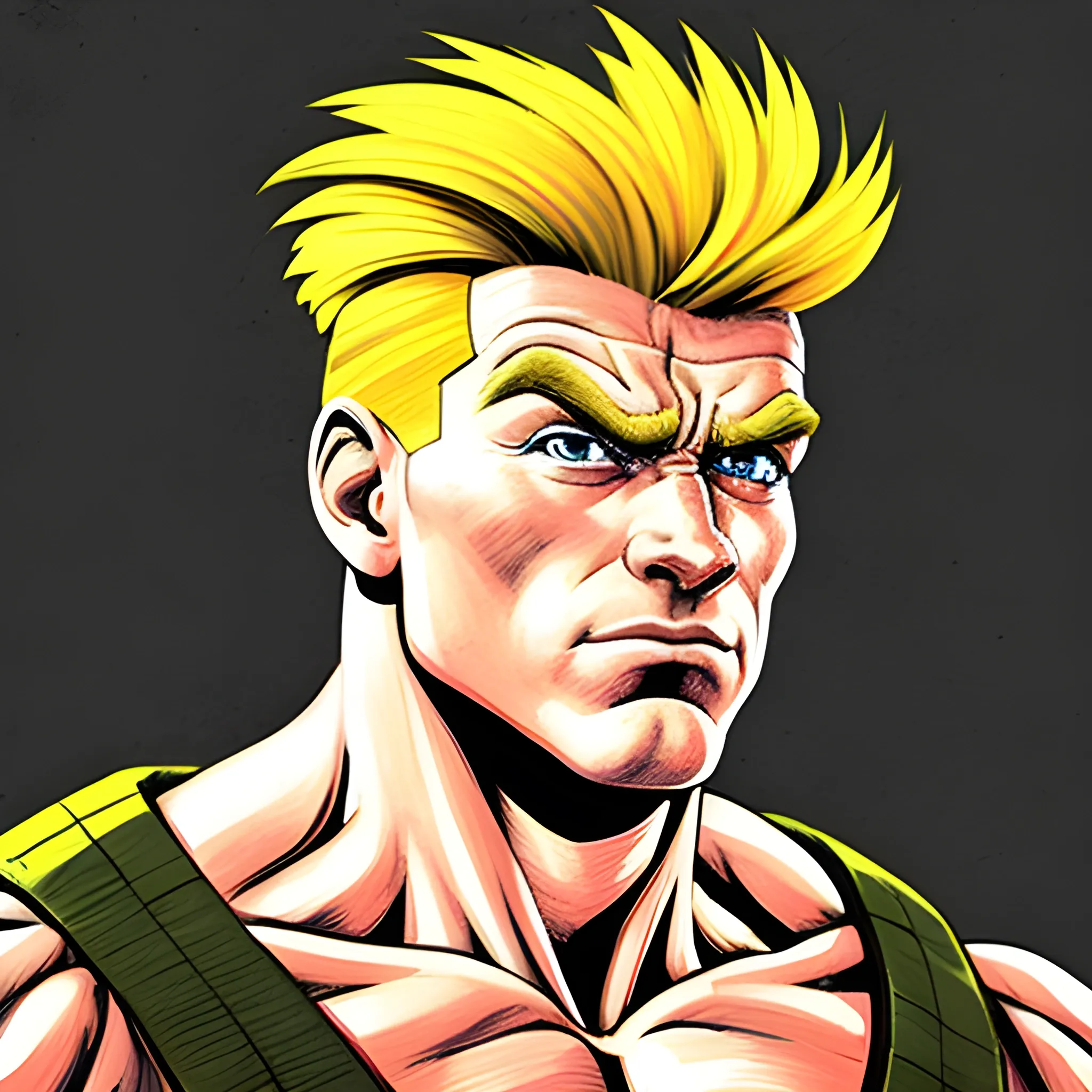 guile de street fighter.(tiro largo, mirando hacia otro lado, desplazar el carácter del centro, dibuja la cara con precisión, perspectiva cinematográfica), persosaje completo de pies a cabeza