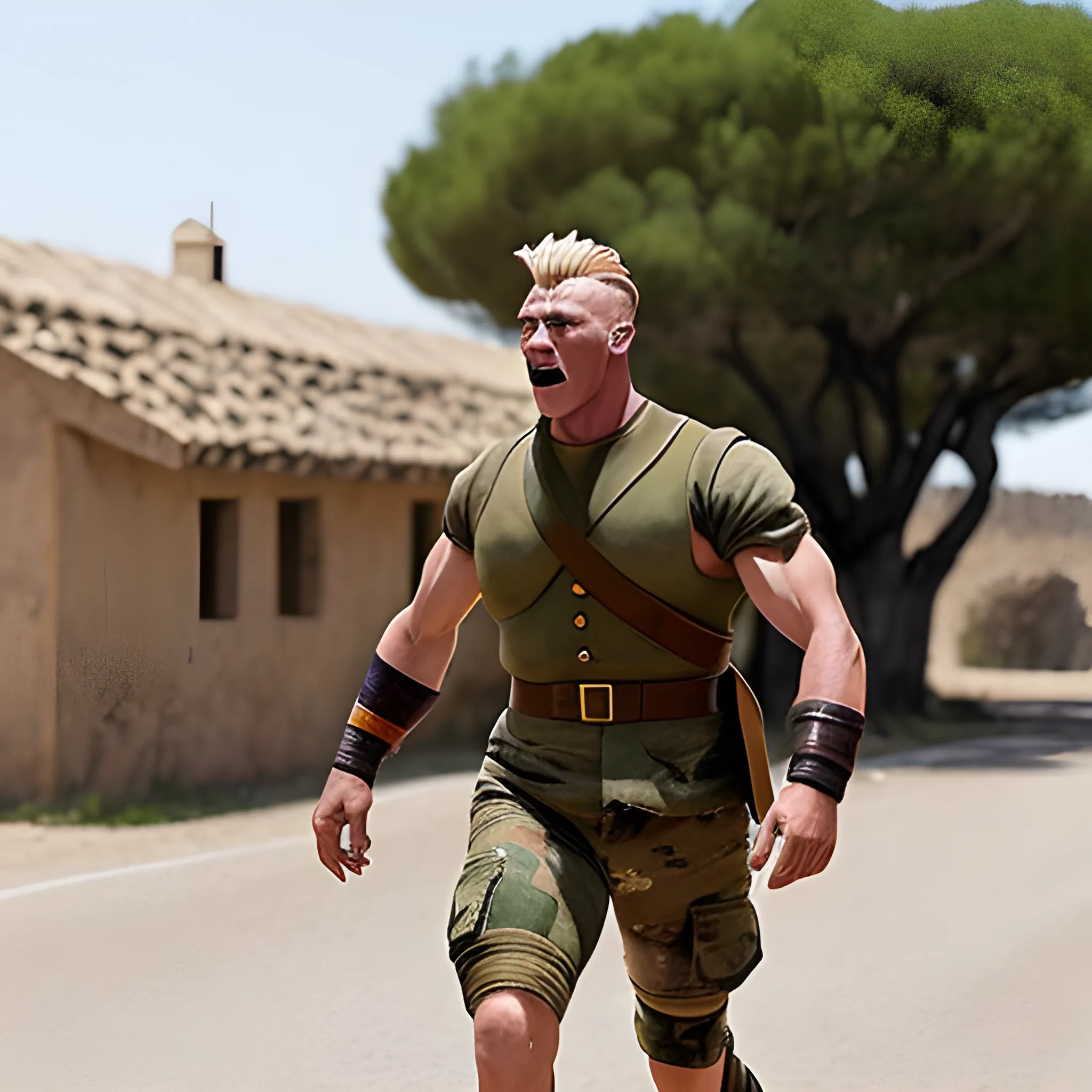 Guile, caminando, por un cuartel de ejercito, con un todo desafiante. furioso gritando ser el mejor luchador del mundo