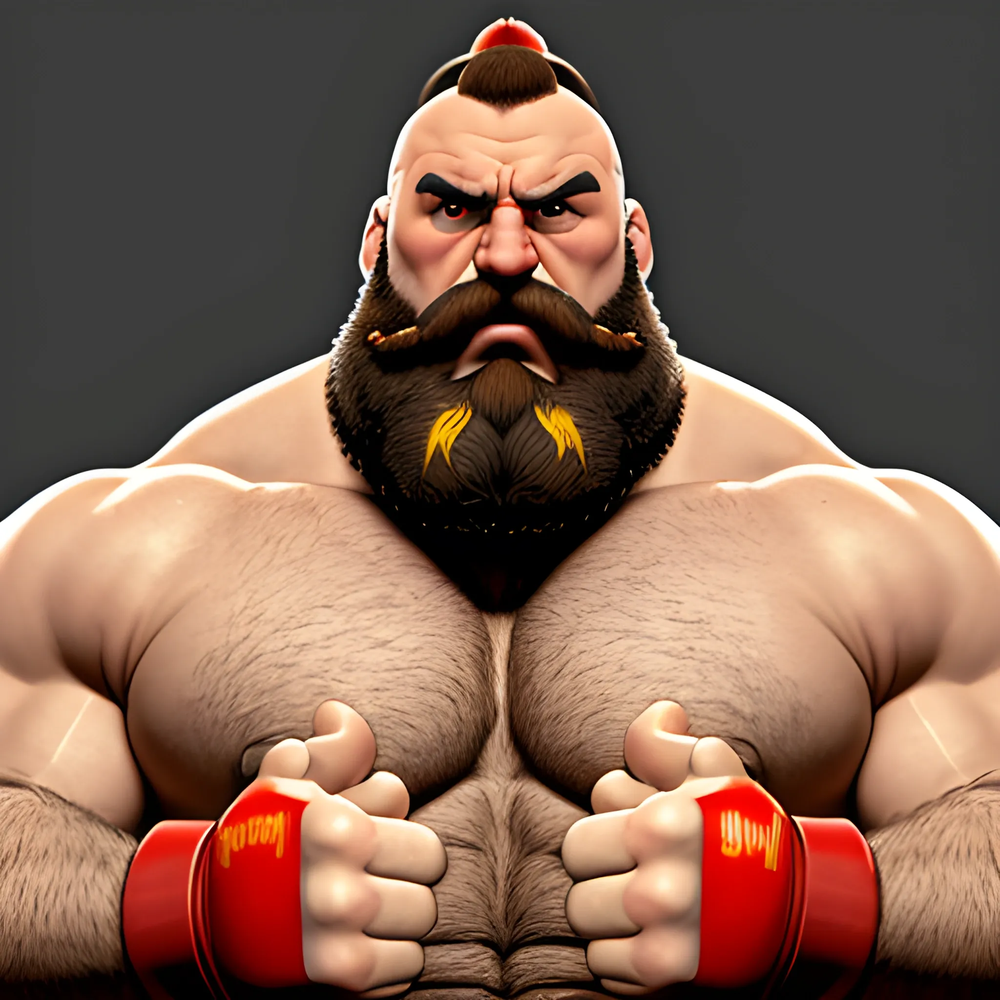 zangief. persoanje ruso de street fighter. pose de orgulloso luchador, en pleno centro de la ciudad. con aire de rey, con colores fuxiahd. 100$100 real