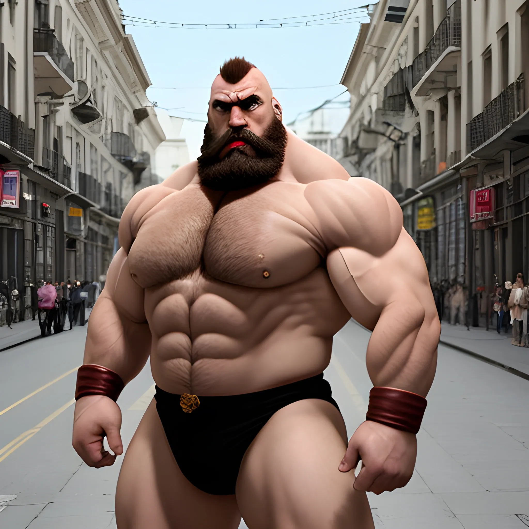 zangief. cara humanizada. mucho mas real,persoanje ruso de street fighter. pose de orgulloso luchador, en pleno centro de la ciudad. con aire de rey, imagen iperrealista,resaltar 4k UHD.con colores fuxiahd. 100$100 real