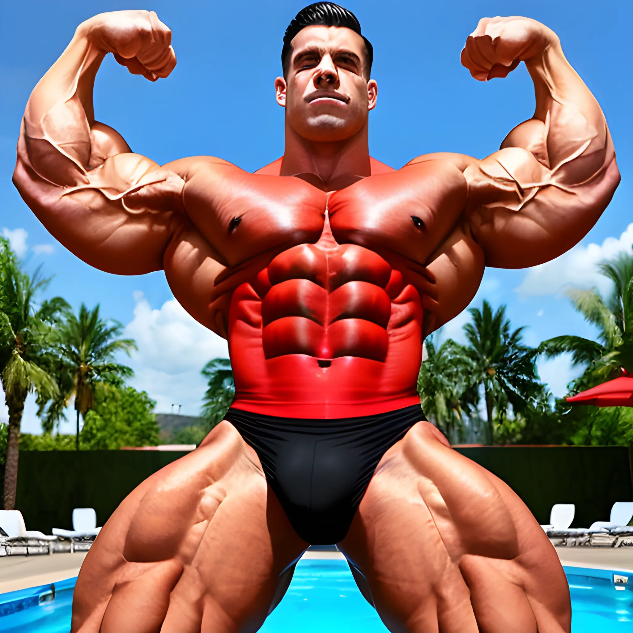 muscular man wearing black skintight shirt posing next to a pool flexing his muscles, large bulge, red spandex briefs, enormous bulge, enormous pecs, large erect bulge, huge calves and thighs, flexing arm


