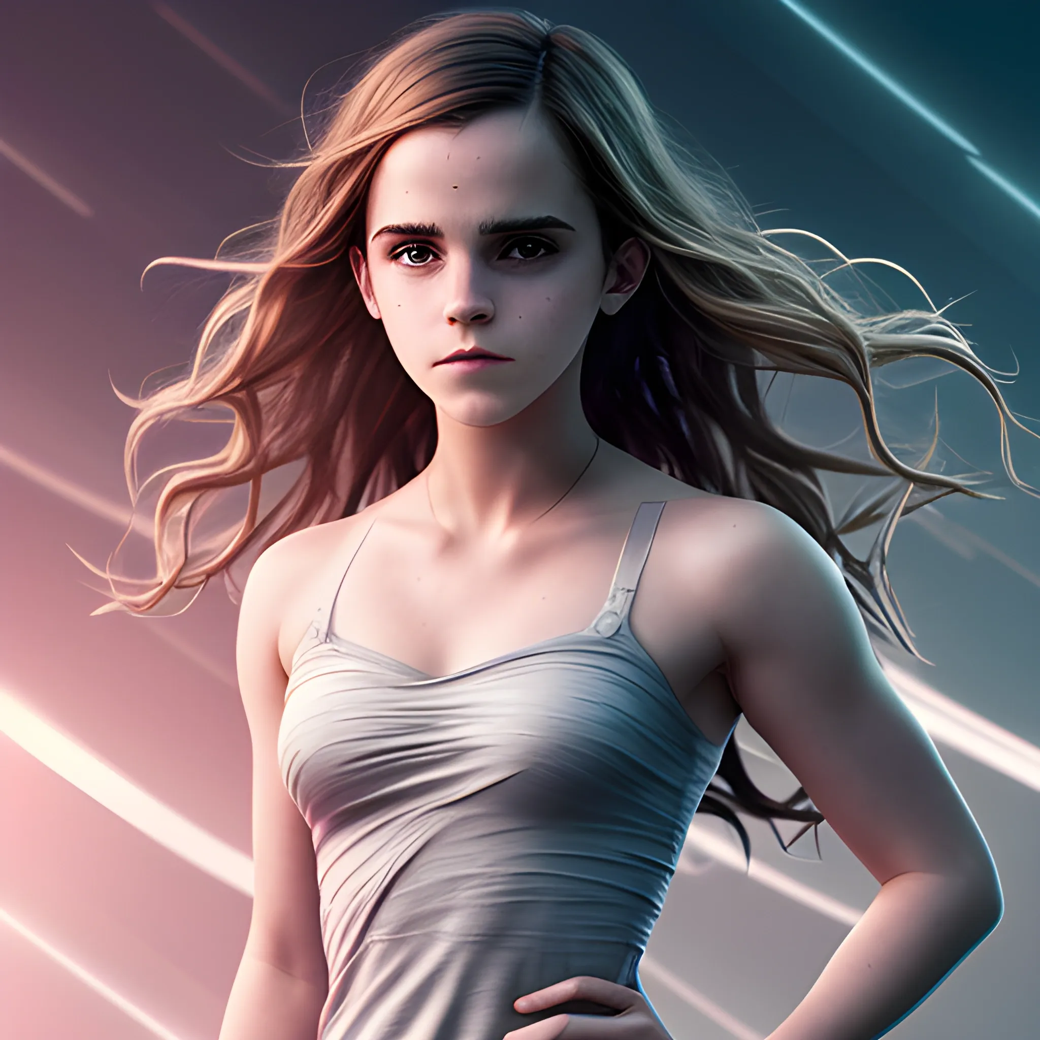 Emma Watson shows her body, long wavy hair falling over her body, heroic posture, RGB color, ultra detailed, HD, HDR, ISLR,