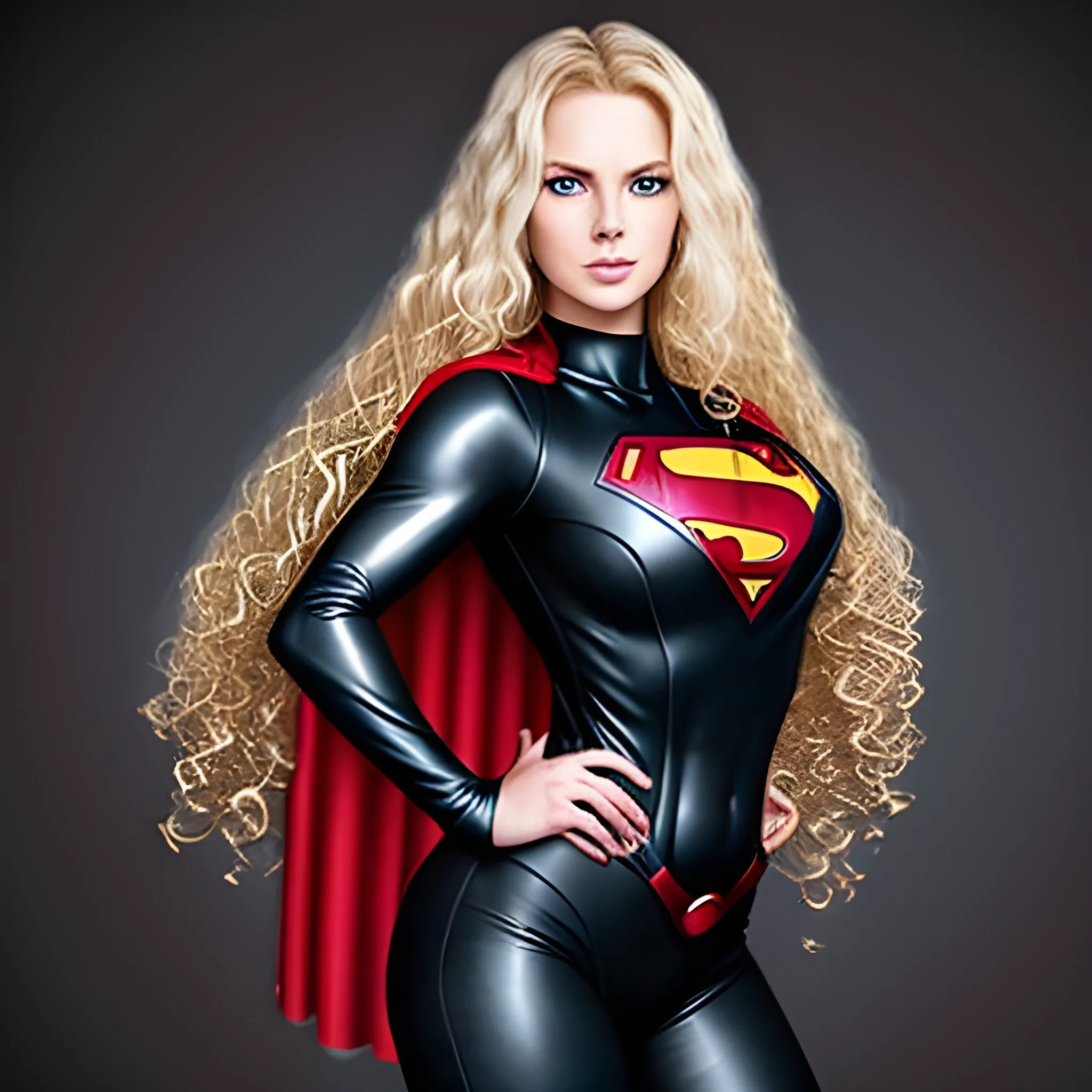 Sexy woman wearing black superman suit, long curly blonde hair