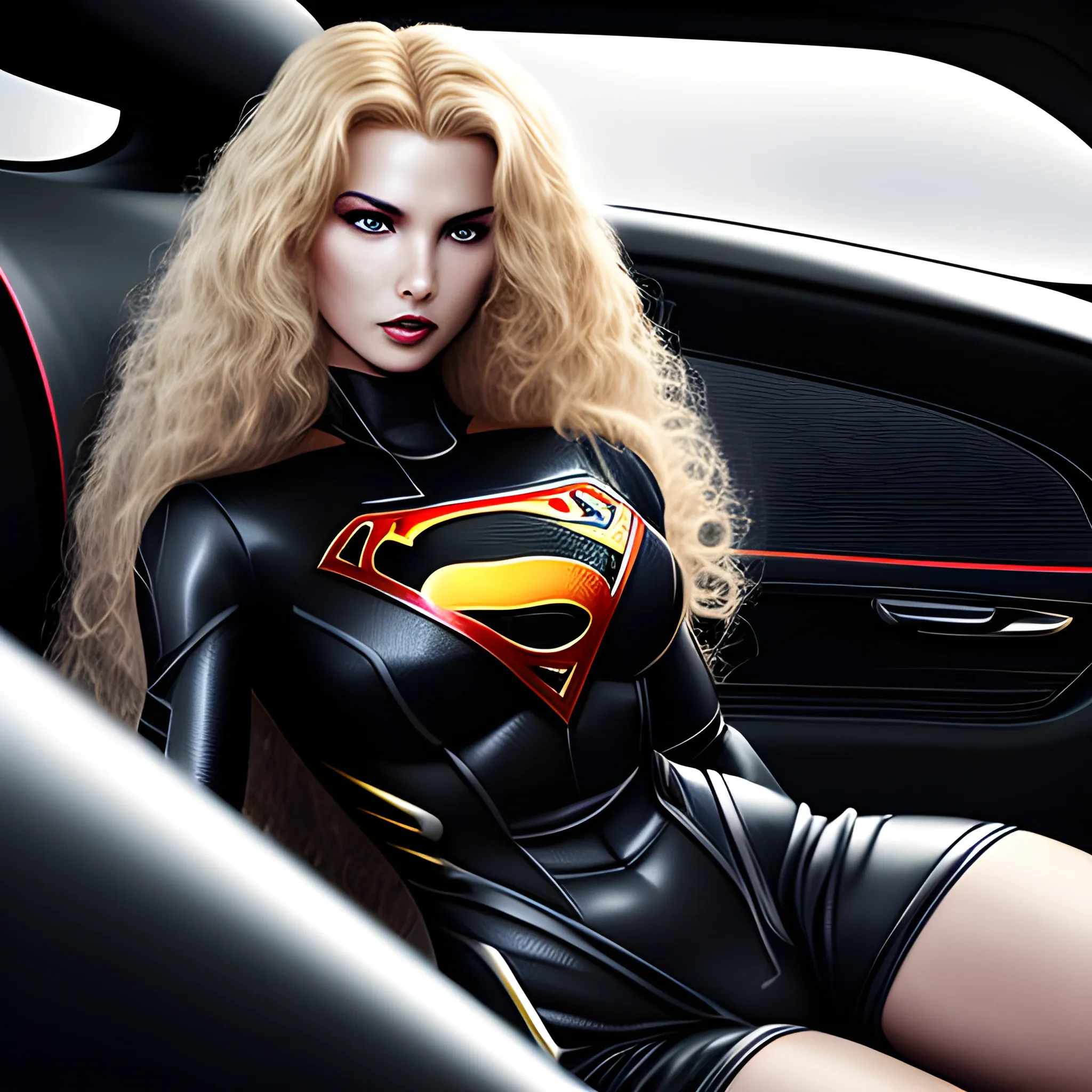 Sexy woman wearing black superman suit, long curly blonde hair, in a black futuristic car, heroic posture, ultra detailed, HD, HDR, ISLR,
