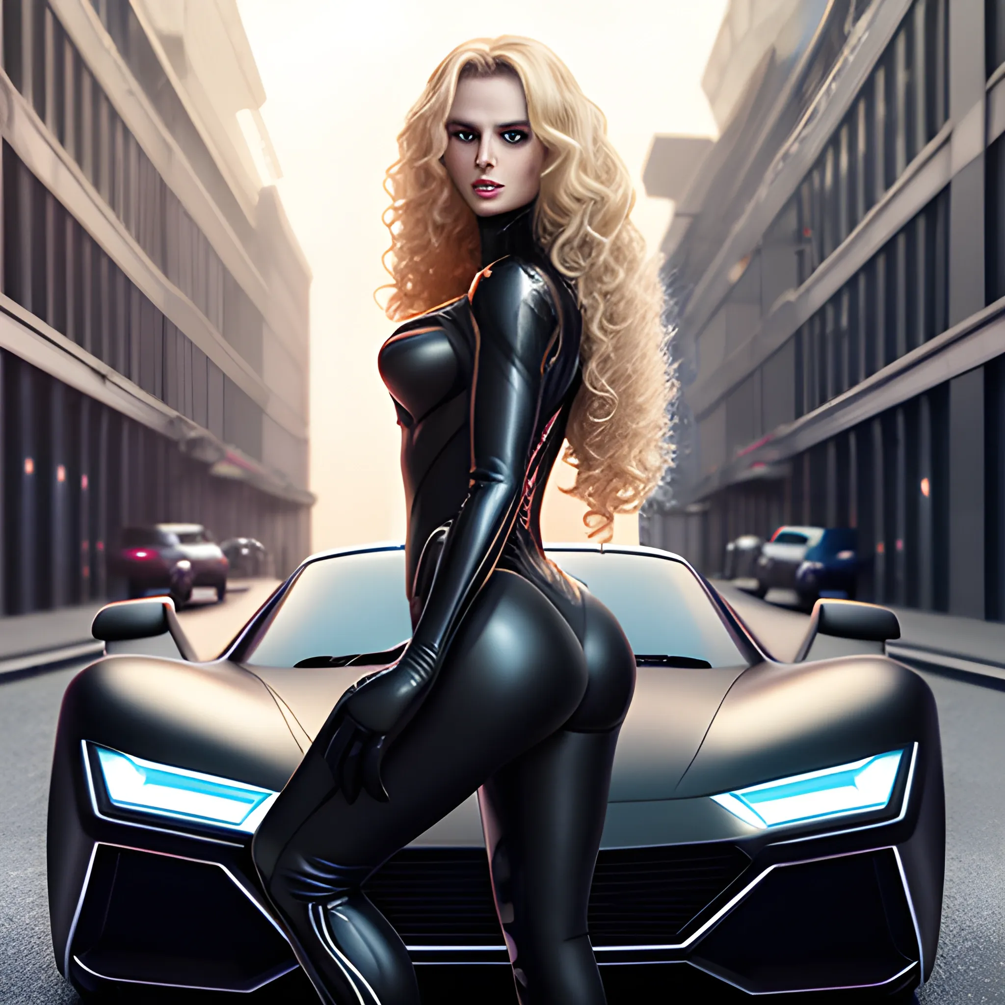 Sexy woman wearing black superman suit, long curly blonde hair, ... -  Arthub.ai