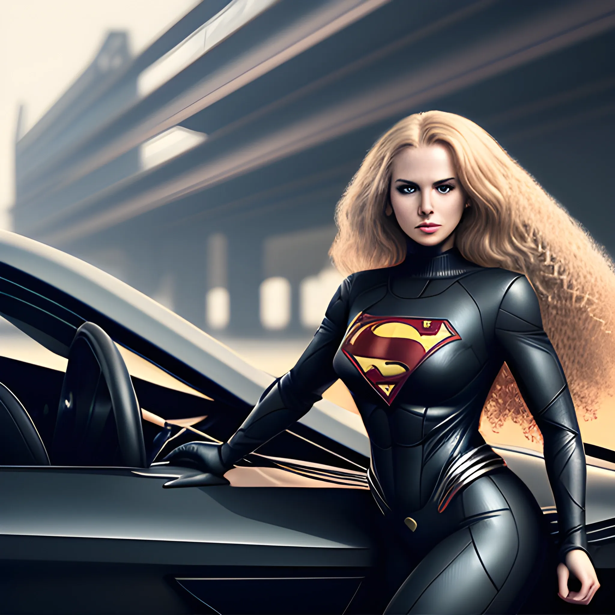 Sexy woman wearing black superman suit, long curly blonde hair, in a black futuristic car, heroic posture, ultra detailed, HD, HDR, ISLR, big ass, 4K, 3D, on the street
