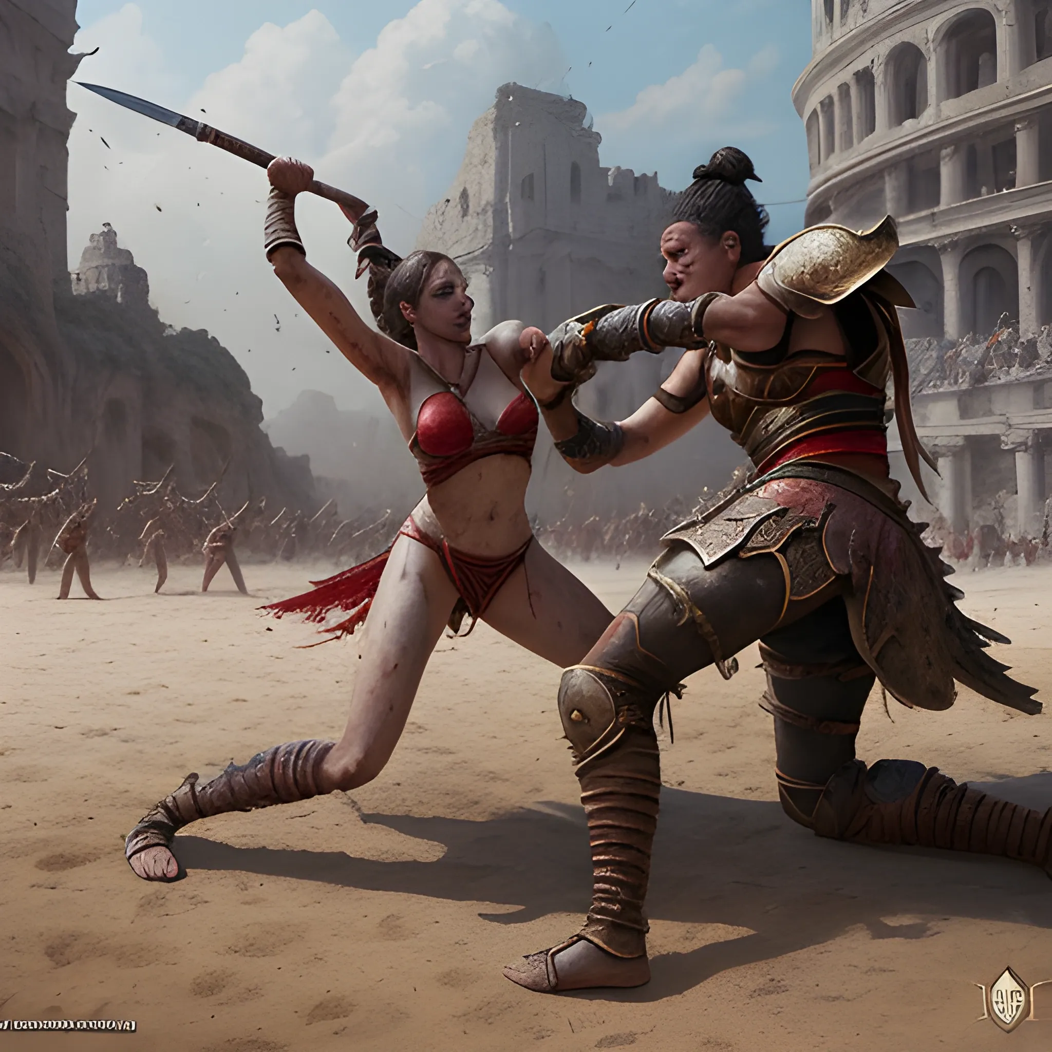 two fighting persons in blood on the arena, they are fighting, high quality, skimpy clothes, photorealistic, hyperrealistic, detailed, detailed matte painting, deep color, fantastical, intricate detail, splash screen, complementary colors, fantasy concept art, 8k resolution trending on Artstation Unreal Engine