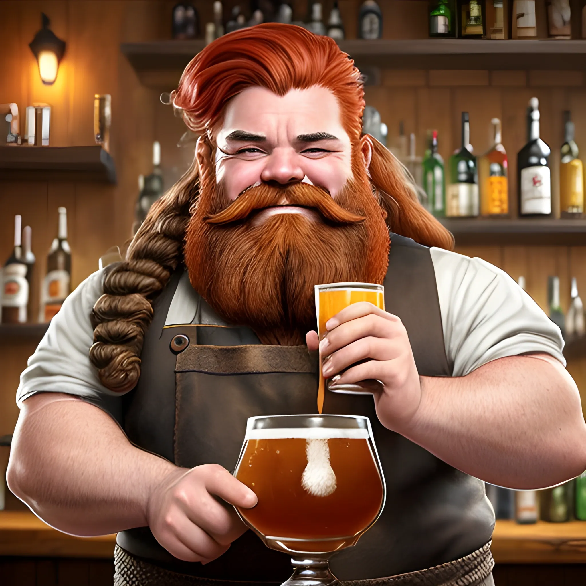 Appearance: The bartender is a stout and robust Dwarf, a natural fit for the role with their love of a good drink and merriment. Standing behind the bar with a barrel chest and muscular arms, they exude an air of confidence and competence. Their thick, braided beard is impeccably groomed, and their fiery red hair matches the gleam in their eyes. Despite their short stature, they carry themselves with pride and authority, ensuring that the tavern runs smoothly. Features: This Dwarf bartender is an expert in the art of brewing and mixing drinks, boasting an impressive knowledge of beverages from all corners of the realm. They take pride in their craft and are always eager to share their expertise with curious patrons. Their boisterous laughter can be heard throughout the establishment, setting the tone for a lively and convivial atmosphere. Habitat: This Dwarf bartender can be found in renowned taverns across the land, often in the heart of bustling cities or near mines and trade routes where Dwarves congregate. They may run an alehouse famous for its signature brew or manage an inn that welcomes travelers from near and far. Realistic. Portrait. Painting.