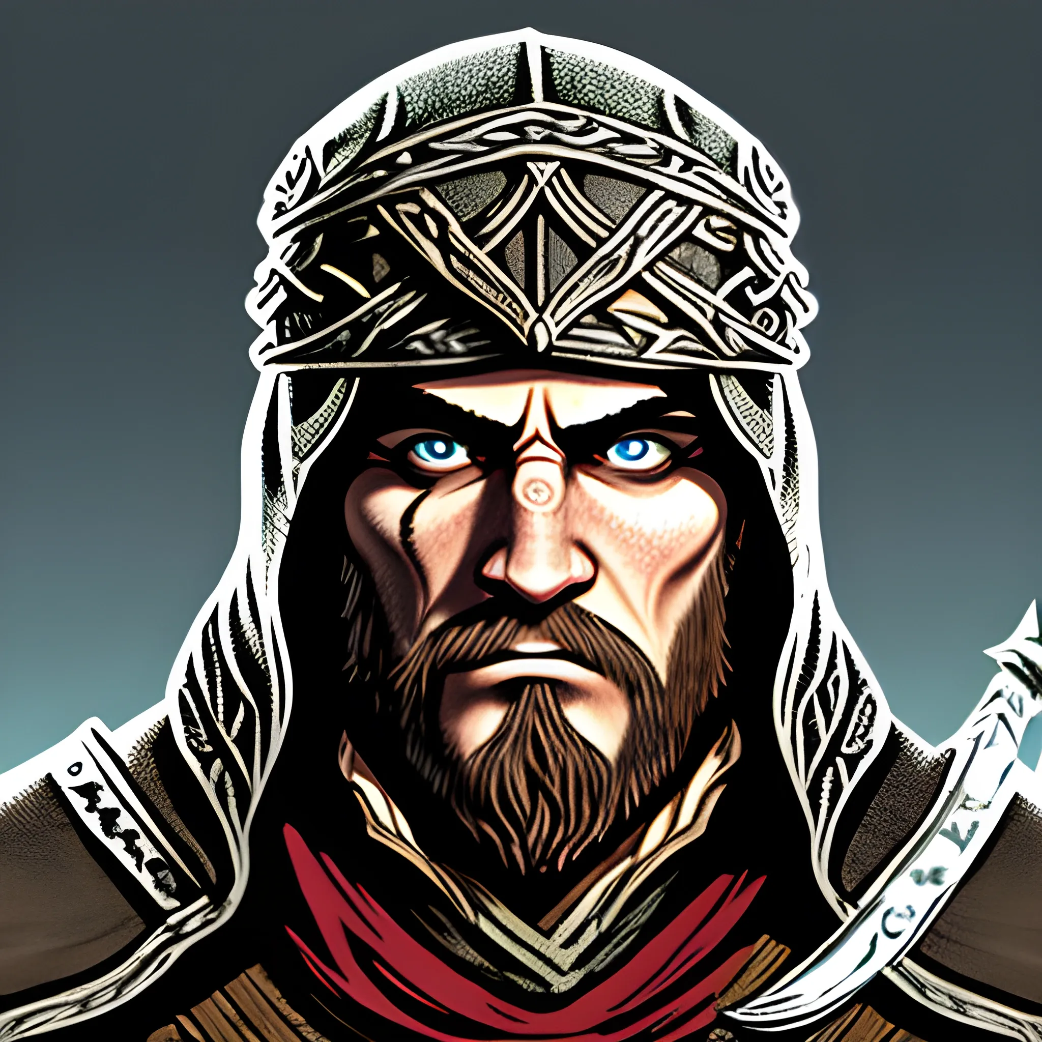 viking assassin's creed style from the front, close up of the face cartoon version, Cartoon