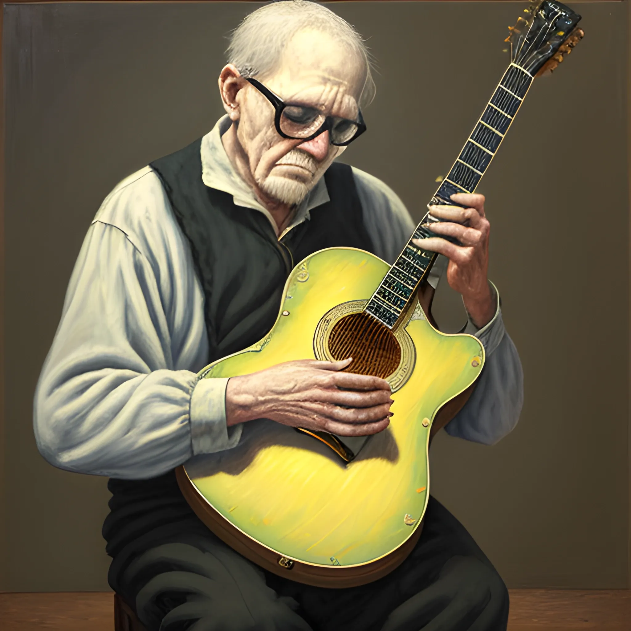 An old blind guitarist shows us a vision full of vital decadence, it is a deep reflection of what begging, loneliness, sadness, as well as blindness entails, together with a feeling of belonging and a sense of hope towards the guitar. The guitar isolates you from difficult situations and you cling to it as a sense of life, Oil Painting