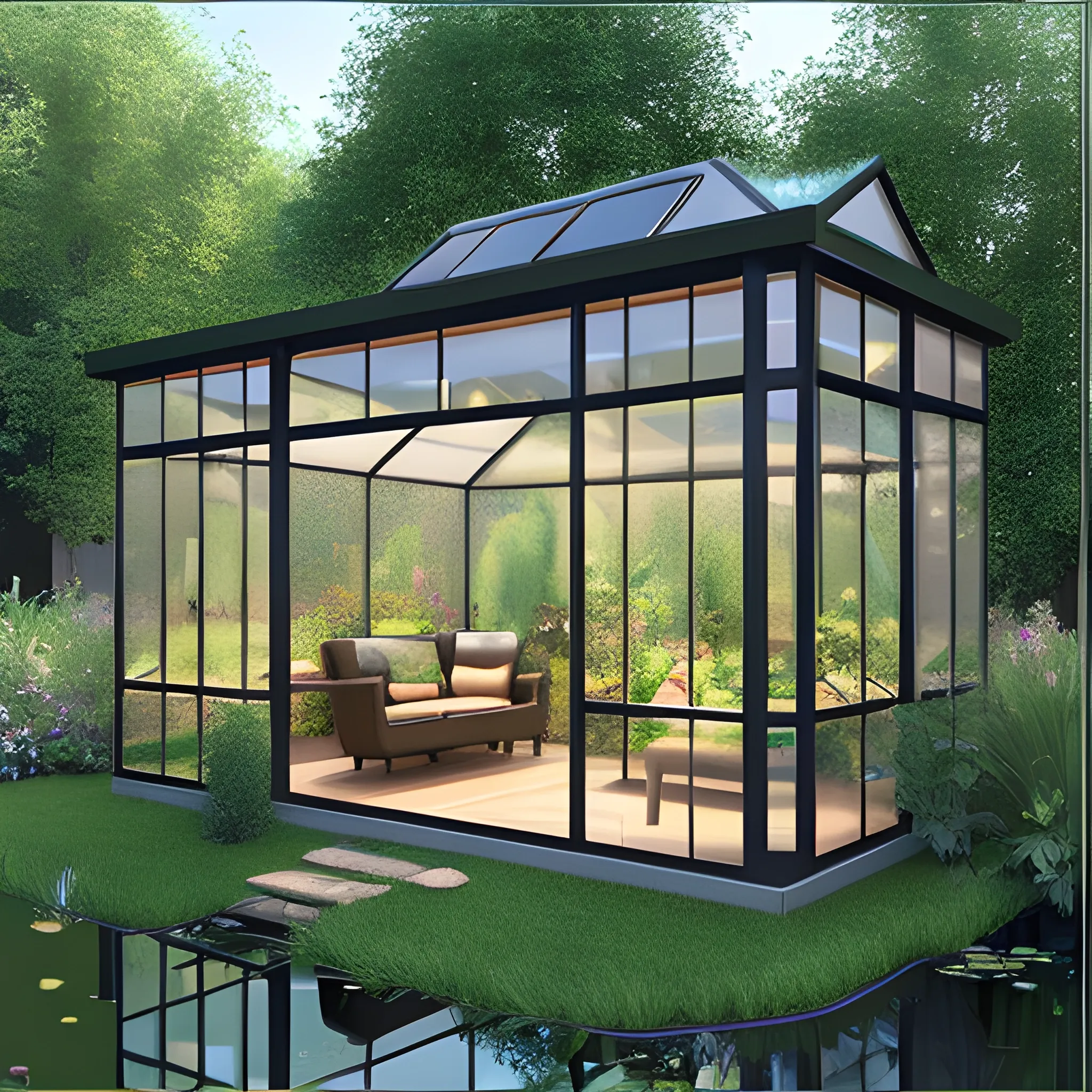 Garden office with glass walls and a pond outside, 3D