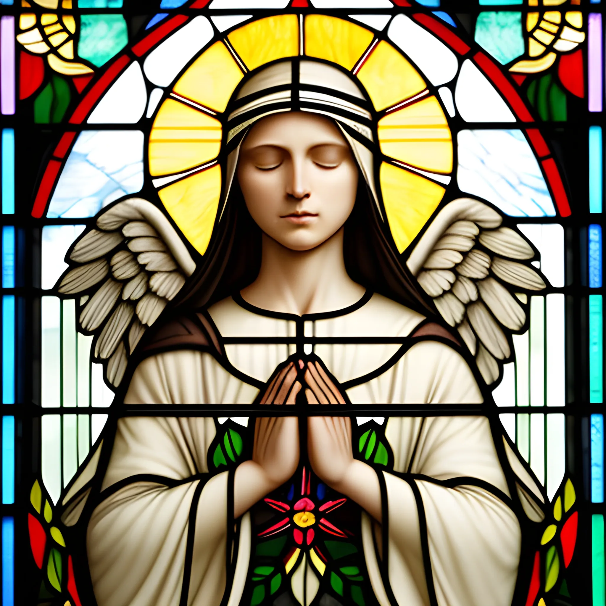 The image portrays a solemn and serene nun in prayer, captured in the timeless beauty of a stained glass artwork. She stands at the center, her eyes gently closed and hands devoutly clasped, embodying a deep spiritual reverence. Her traditional habit flows gracefully, detailed with folds and shadows that add to the realism of the portrayal. Behind her, a halo of golden light radiates, symbolizing her holy devotion.

Above and around her, angels descend gently from the heavens, their wings outstretched and adorned with an array of soft, pastel colors that give a sense of their ethereal and divine nature. Each angel carries an aura of peace and benevolence, contributing to the sanctity of the scene. The background features a lush landscape with hints of a sunrise or sunset on the horizon, suggesting the promise of hope and renewal. The stained glass divides light and color into intricate patterns, with lead lines meticulously defining every detail, from the angels' feathers to the nun's contemplative expression. The bottom of the artwork is adorned with floral motifs, adding an element of earthly beauty to the celestial theme. This stained glass masterpiece evokes a sense of tranquility and divine grace, perfect for inspiring contemplation and reverence.