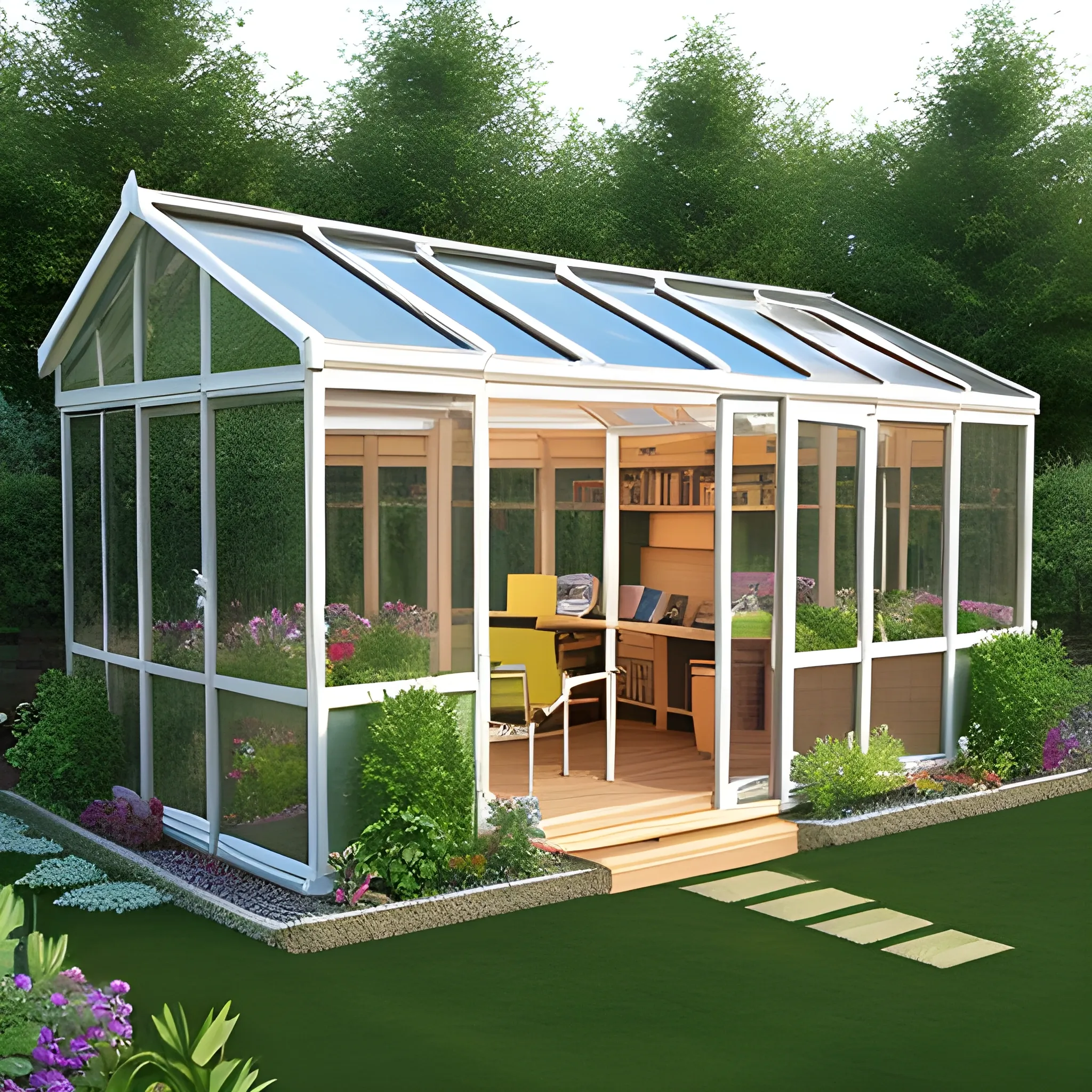 Garden office with three glass walls and a sloping roof. add a pond outside with some decking, 3D
