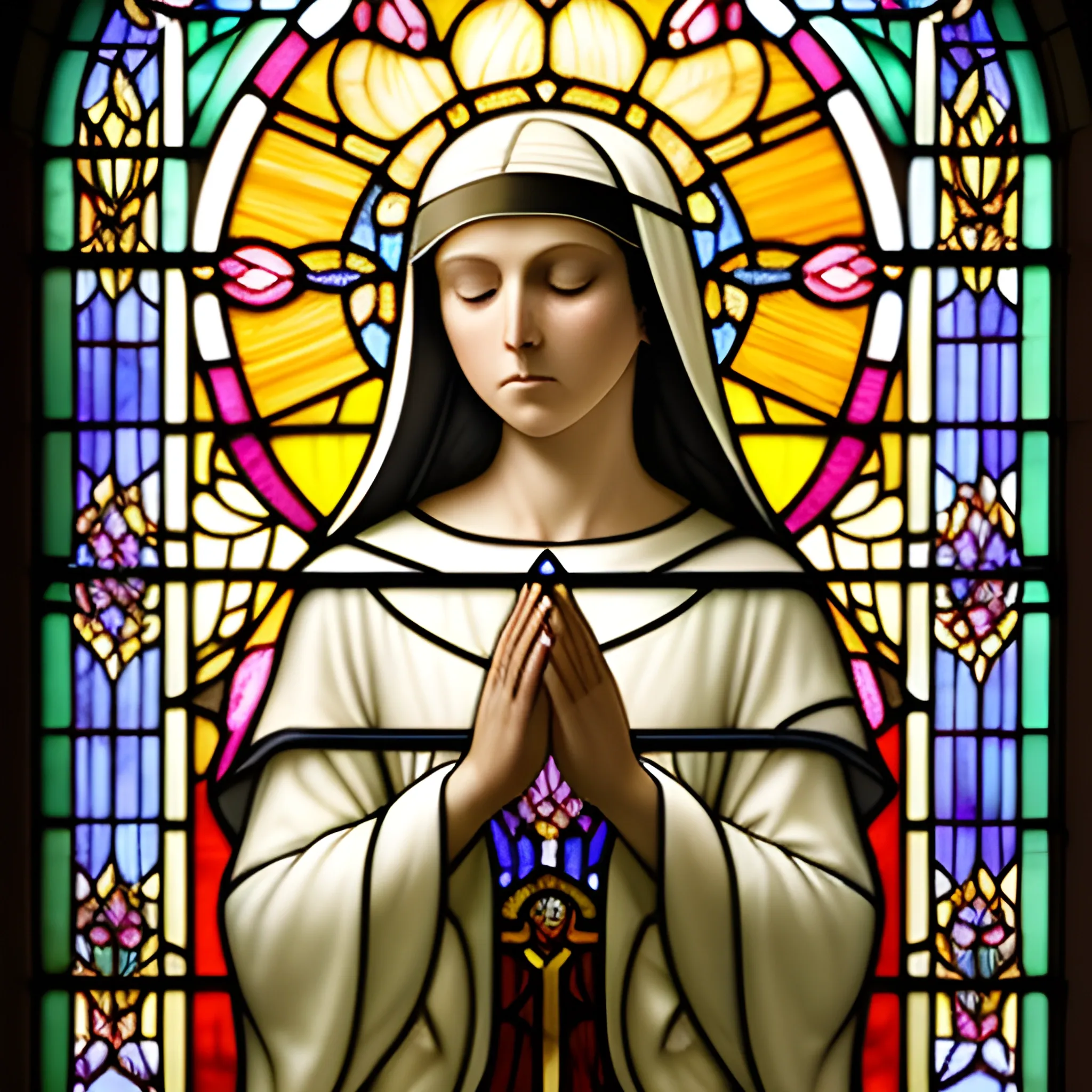 The image portrays a solemn and serene nun in prayer, captured in the timeless beauty of a stained glass artwork. She stands at the center, her eyes gently closed and hands devoutly clasped, embodying a deep spiritual reverence. Her traditional habit flows gracefully, detailed with folds and shadows that add to the realism of the portrayal. Behind her, a halo of golden light radiates, symbolizing her holy devotion.

Above and around her, angels descend gently from the heavens, their wings outstretched and adorned with an array of soft, pastel colors that give a sense of their ethereal and divine nature. Each angel carries an aura of peace and benevolence, contributing to the sanctity of the scene. The background features a lush landscape with hints of a sunrise or sunset on the horizon, suggesting the promise of hope and renewal. The stained glass divides light and color into intricate patterns, with lead lines meticulously defining every detail, from the angels' feathers to the nun's contemplative expression. The bottom of the artwork is adorned with floral motifs, adding an element of earthly beauty to the celestial theme. This stained glass masterpiece evokes a sense of tranquility and divine grace, perfect for inspiring contemplation and reverence., Pencil Sketch