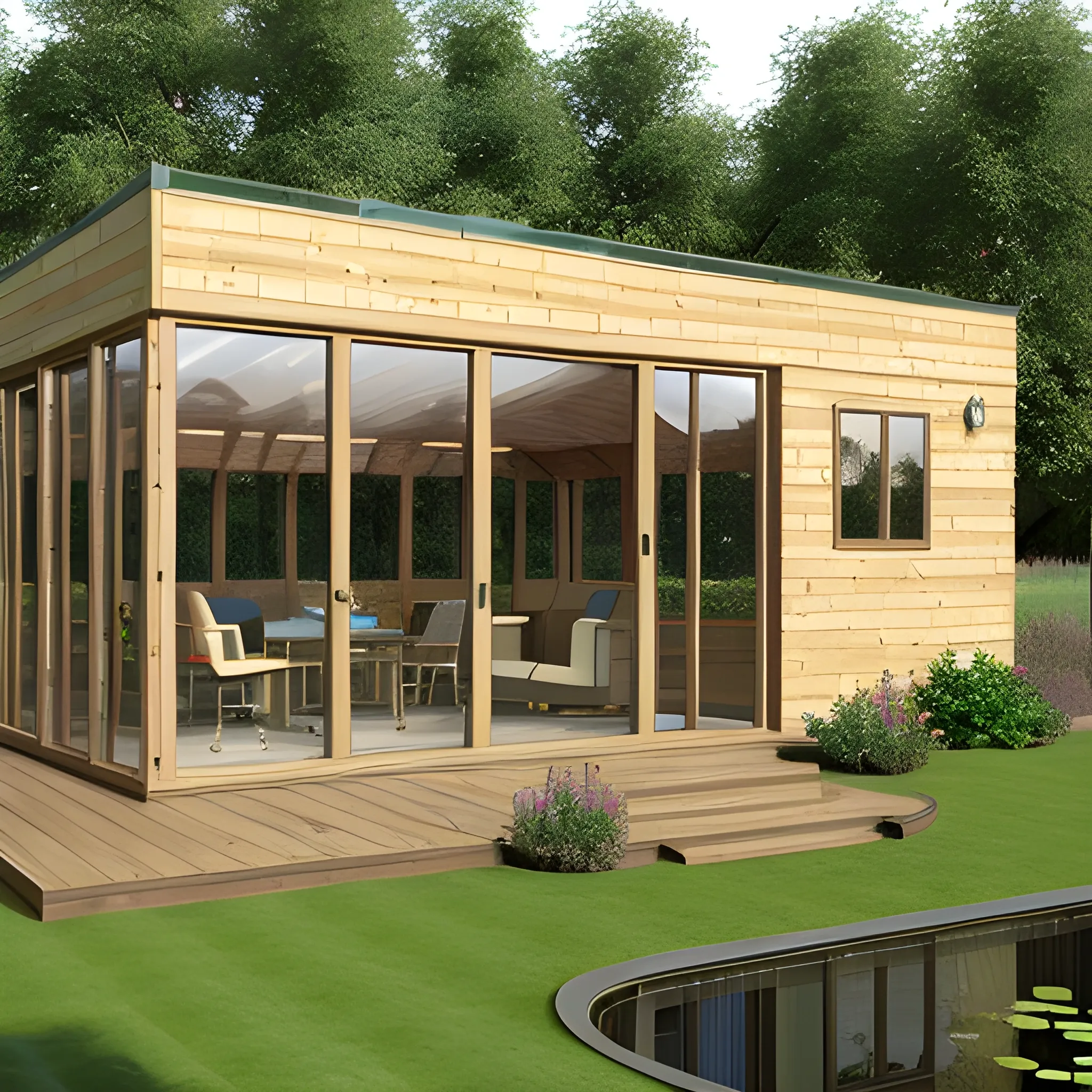 garden room, wood cladding, glass door and large windows, pond, decking, office space, 3D